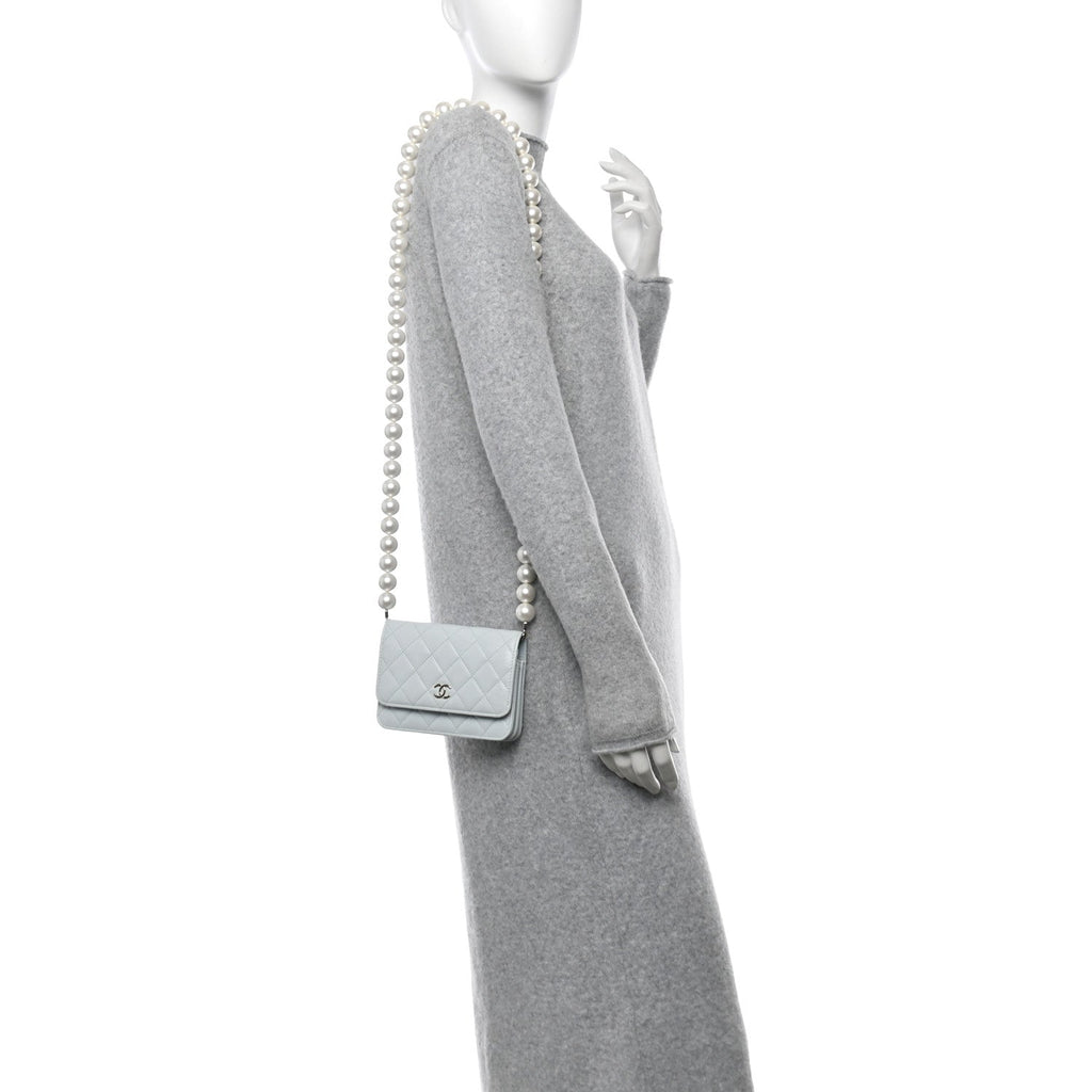 Calfskin Quilted Mini Maxi Pearls Wallet On Chain WOC Light Blue