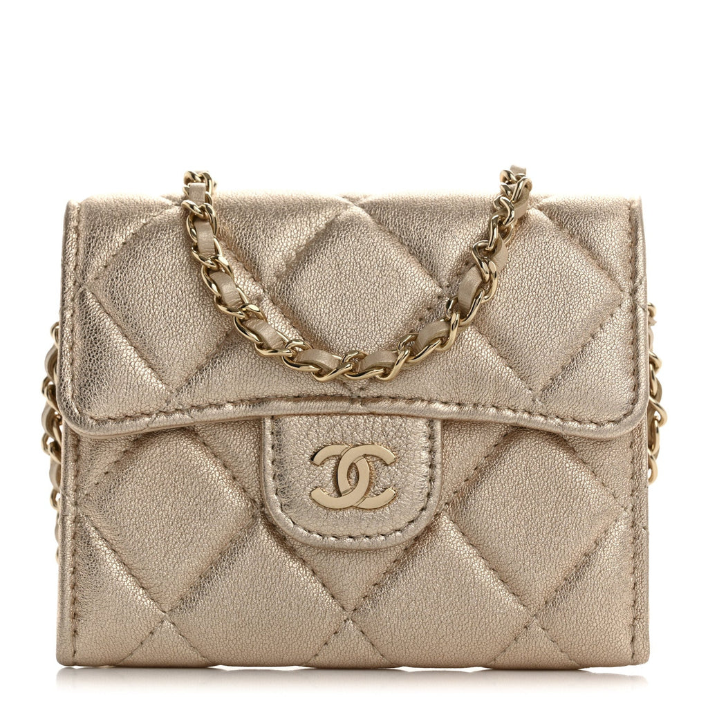 Metallic Lambskin Quilted Flap  Holder On Chain Gold