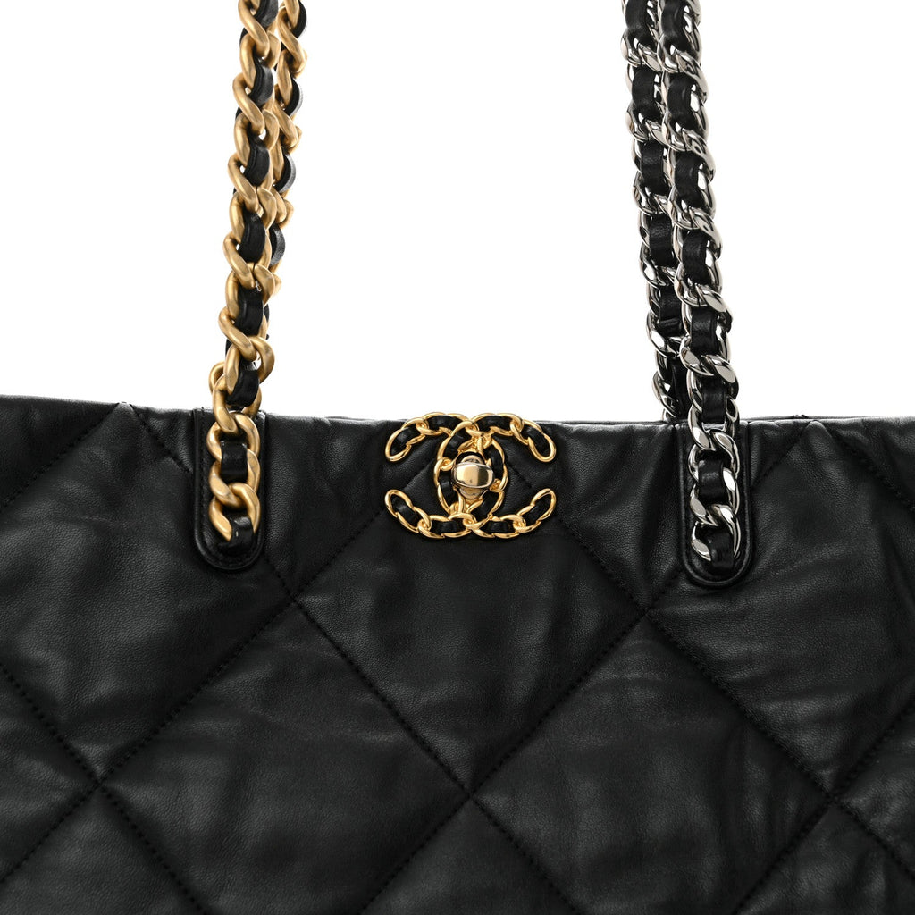 Lambskin Quilted Chanel 19 East West Shopping Bag Black