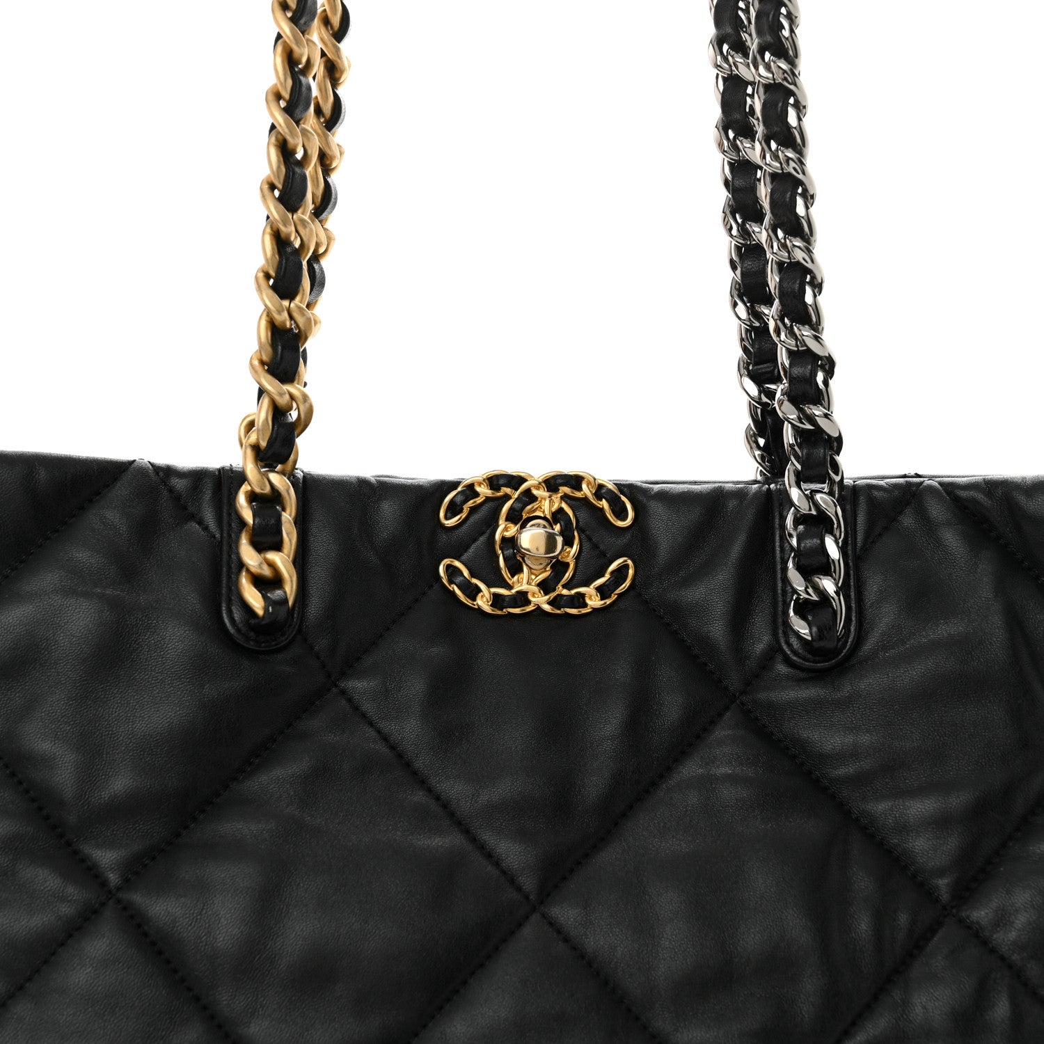 Lambskin Quilted Chanel 19 East West Shopping Bag Black