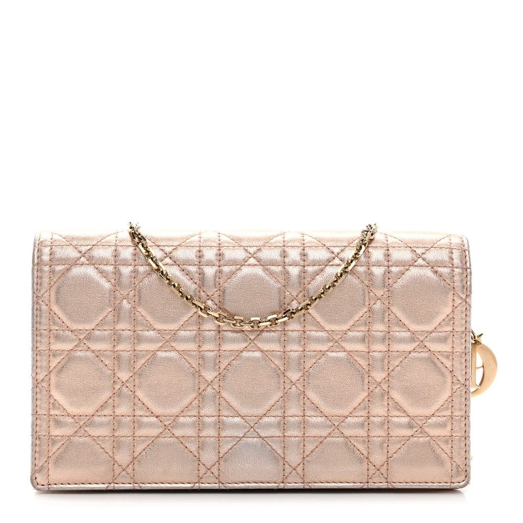 Metallic Lambskin Cannage Lady Dior Pouch Rose Gold