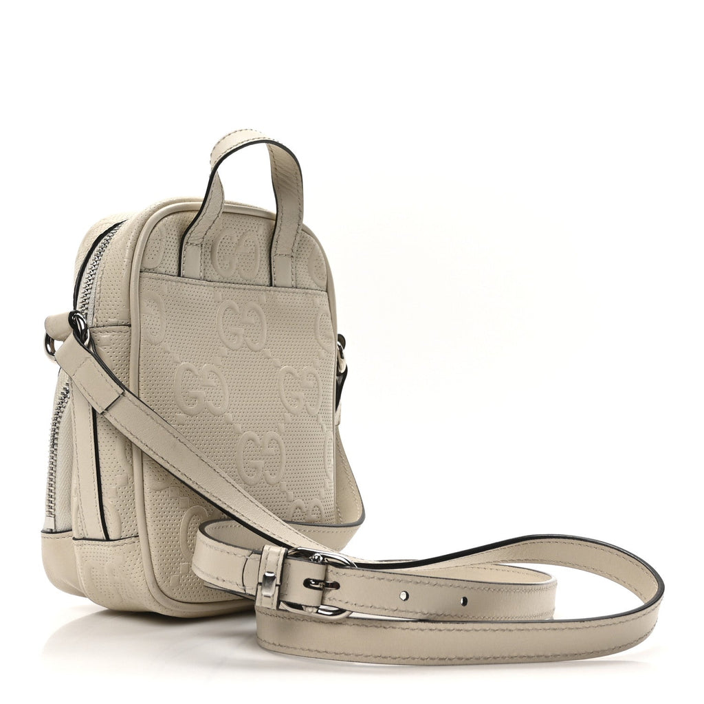 Calfskin GG Tennis Embossed Mini Double Zip Messenger Bag Mystic White