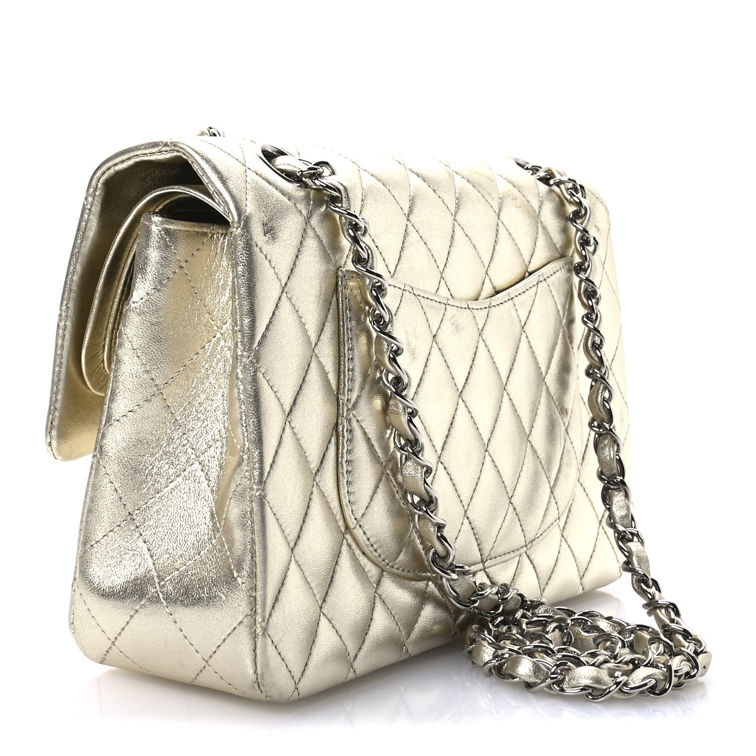 Metallic Lambskin Quilted Medium Double Flap Pale Gold