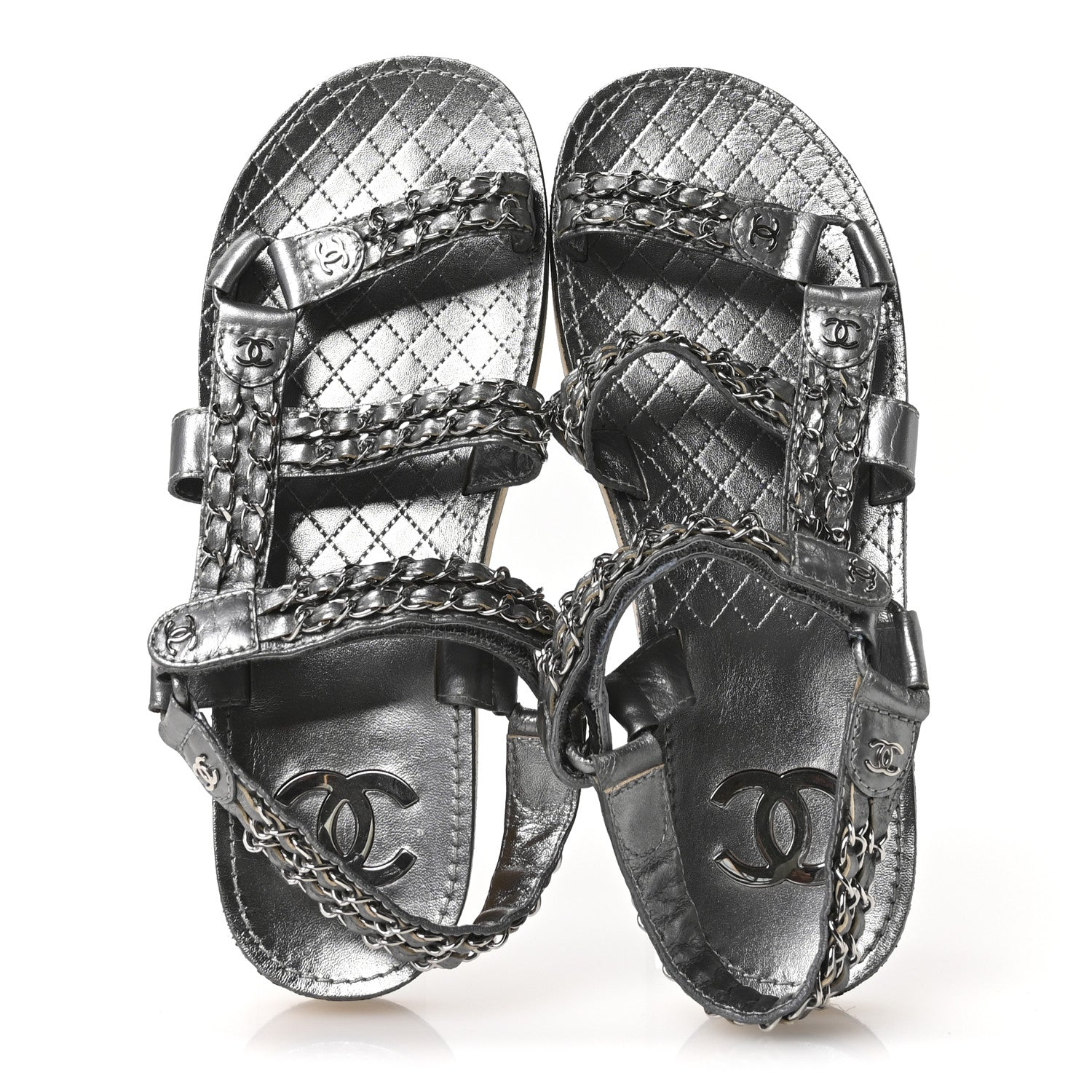 Metallic Laminated Goatskin Chain Flat Sandals 39 Dark Silver