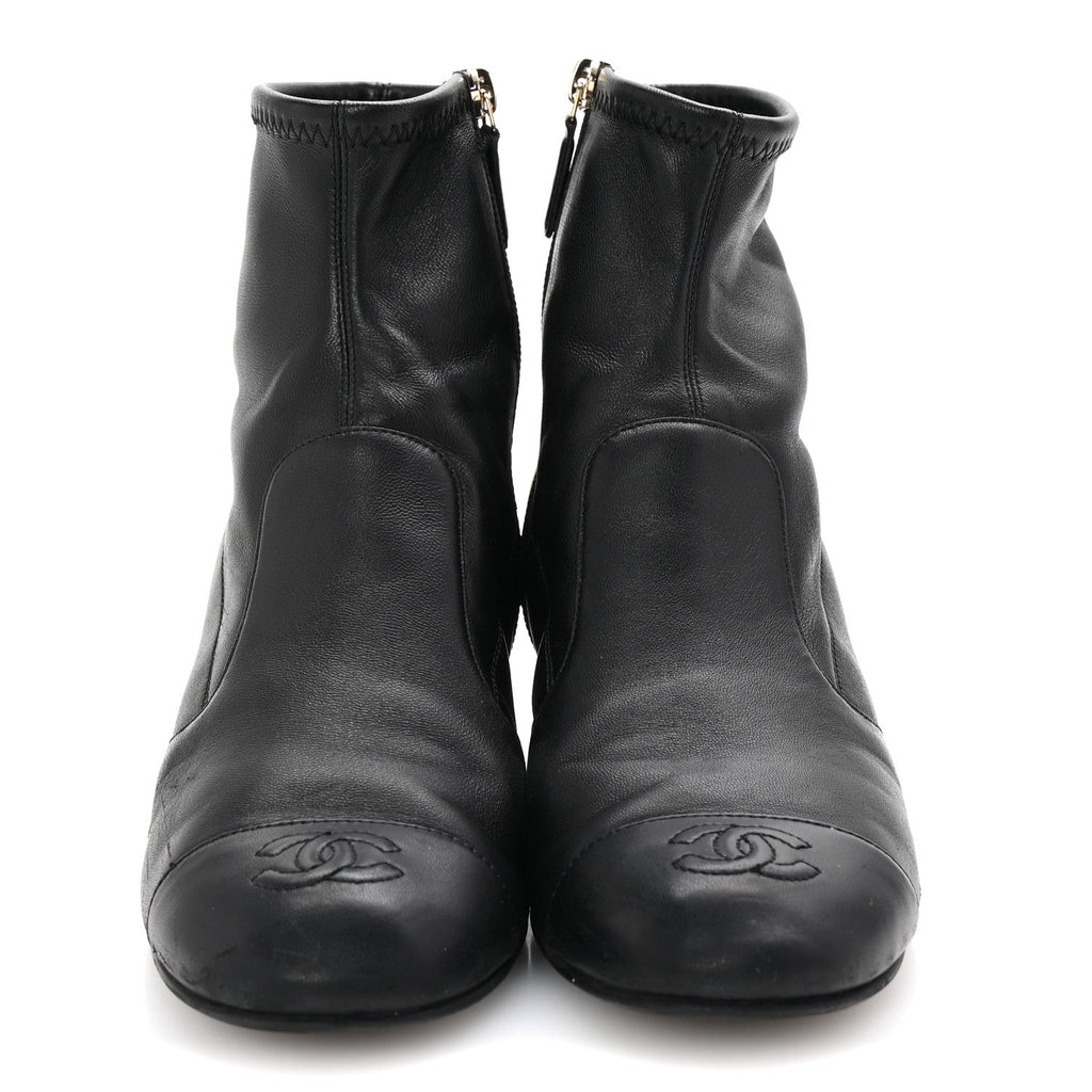 Stretch Lambskin Cap Toe CC Short Boots 38.5 Black