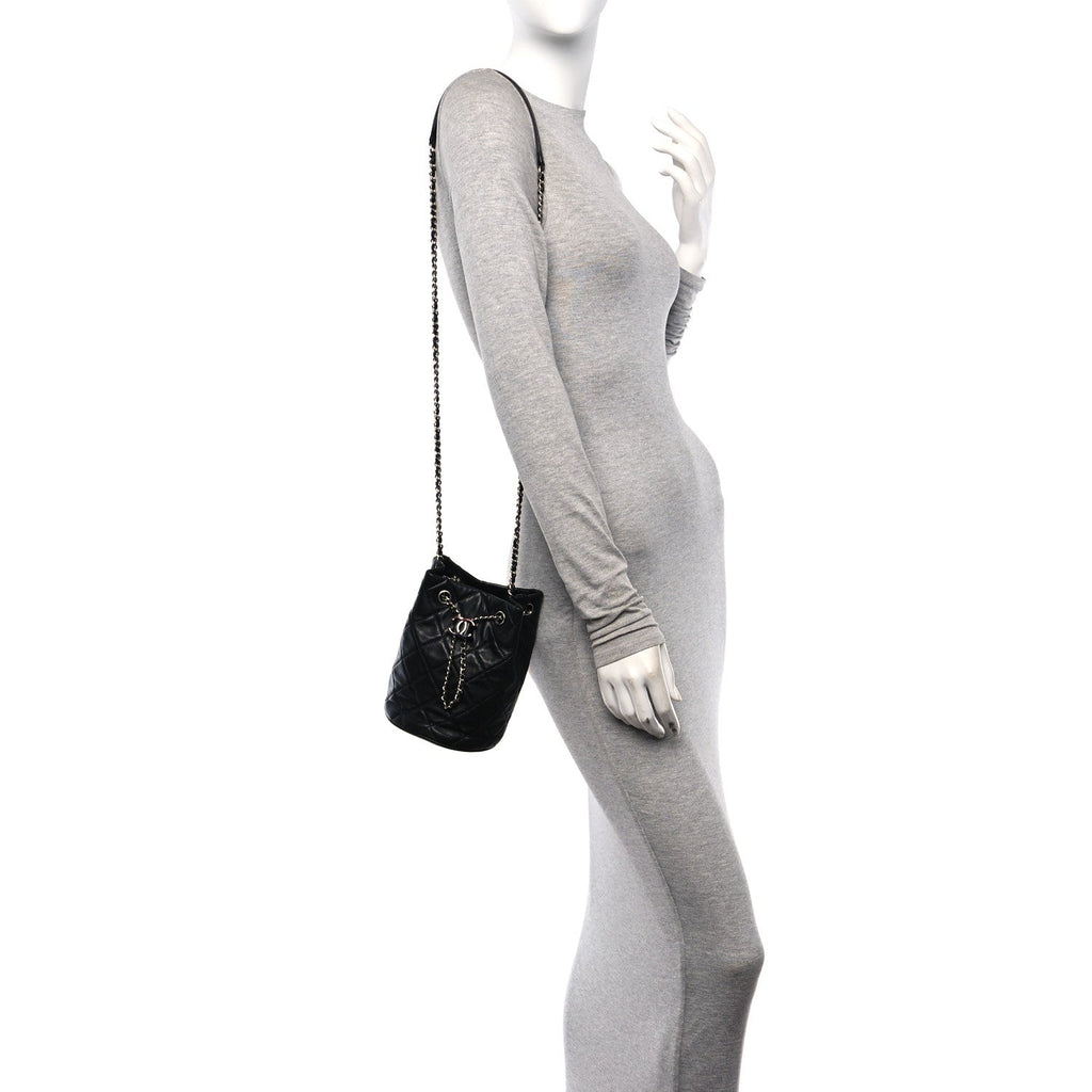 Lambskin Quilted CC Drawstring Bucket Bag Black