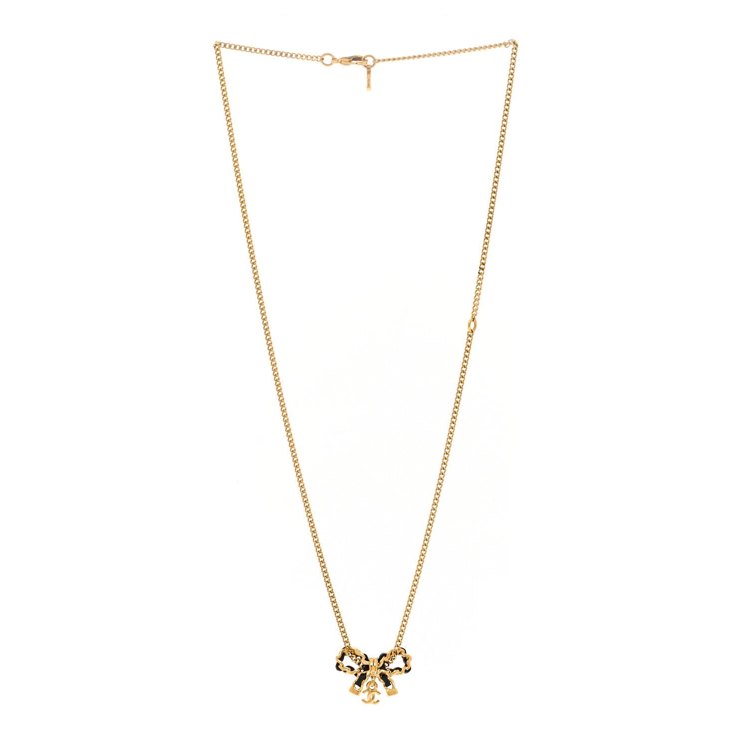 Metal Lambskin Chain CC Bow Necklace Black Gold