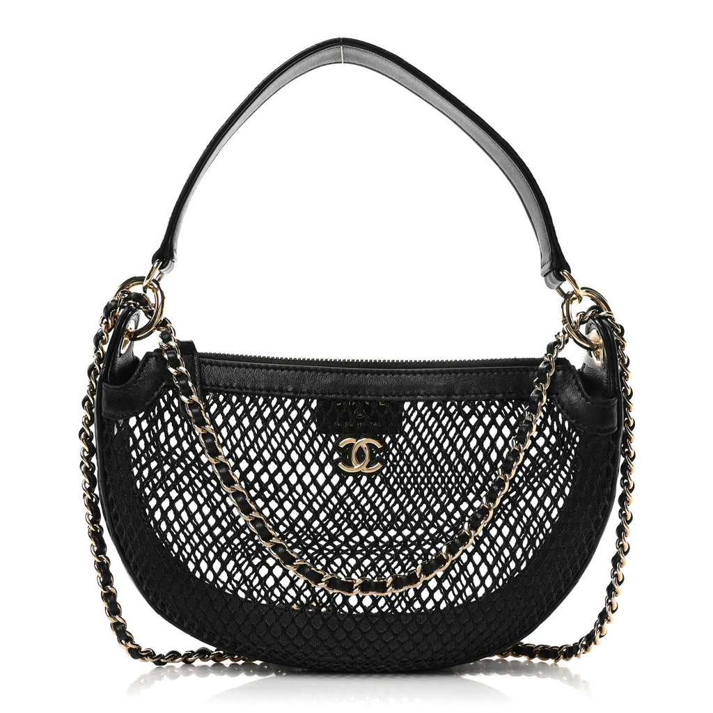 Mesh Shiny Lambskin Chain Hobo Black