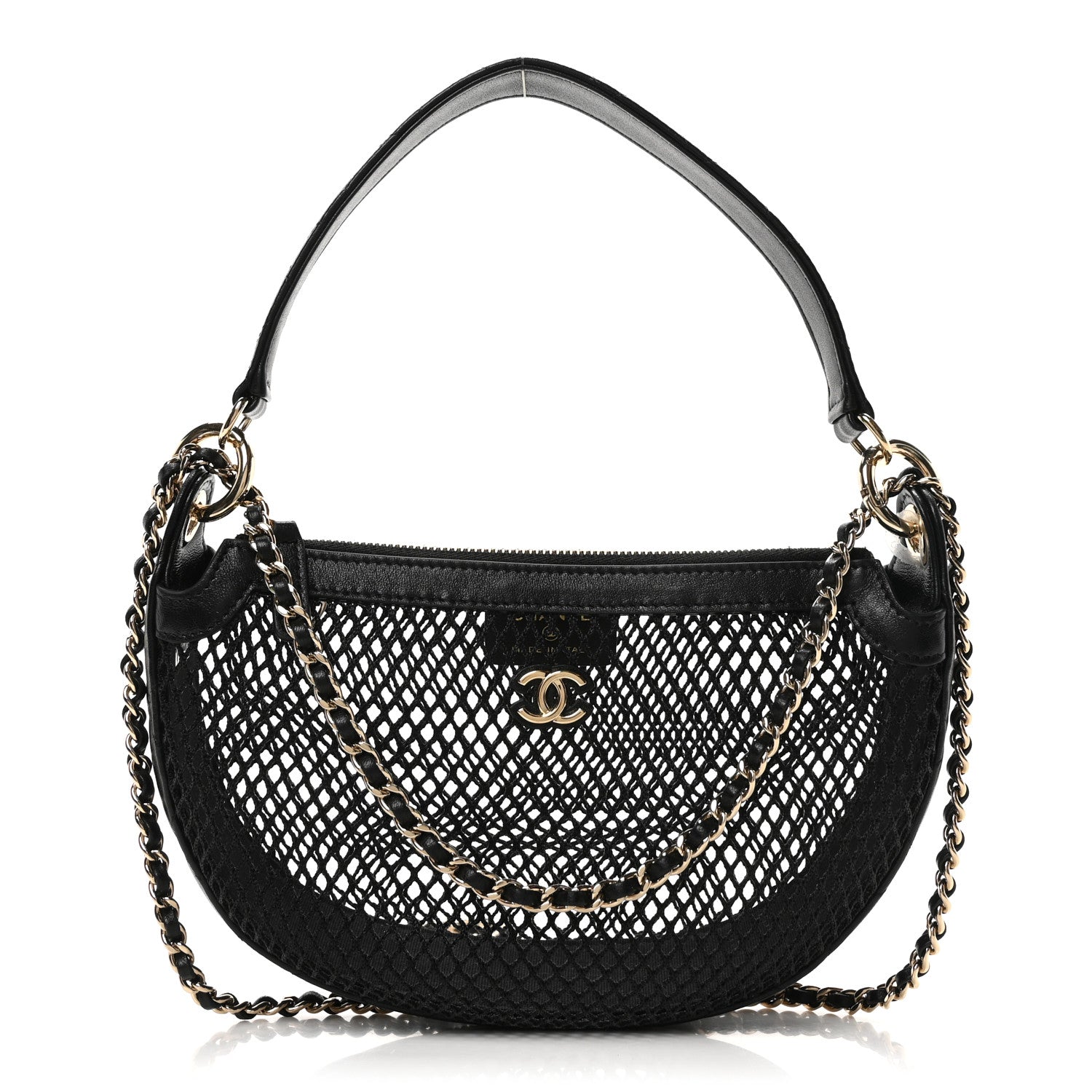 Mesh Shiny Lambskin Chain Hobo Black