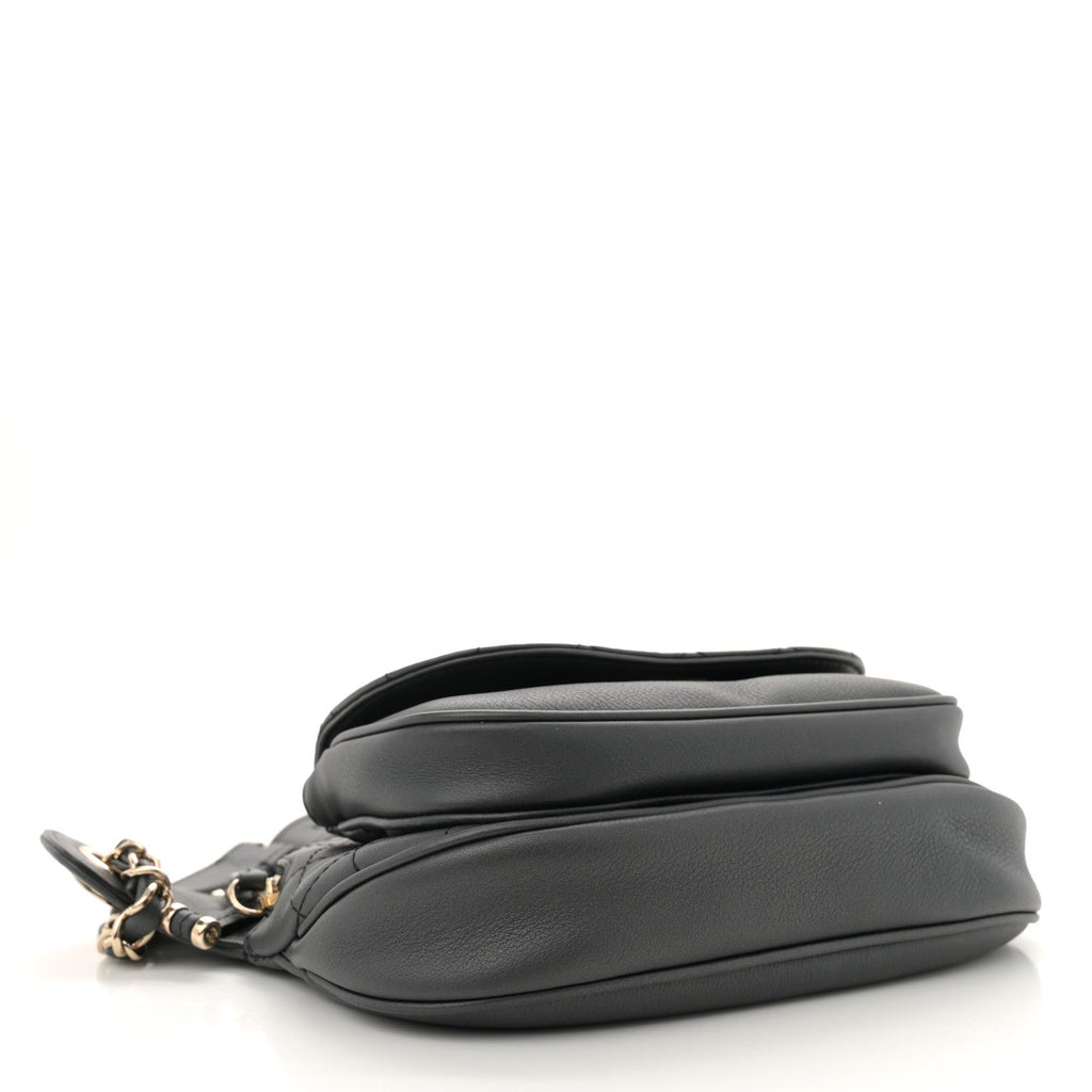 Metallic Calfskin Flap Chain Waist Bag Ruthenium