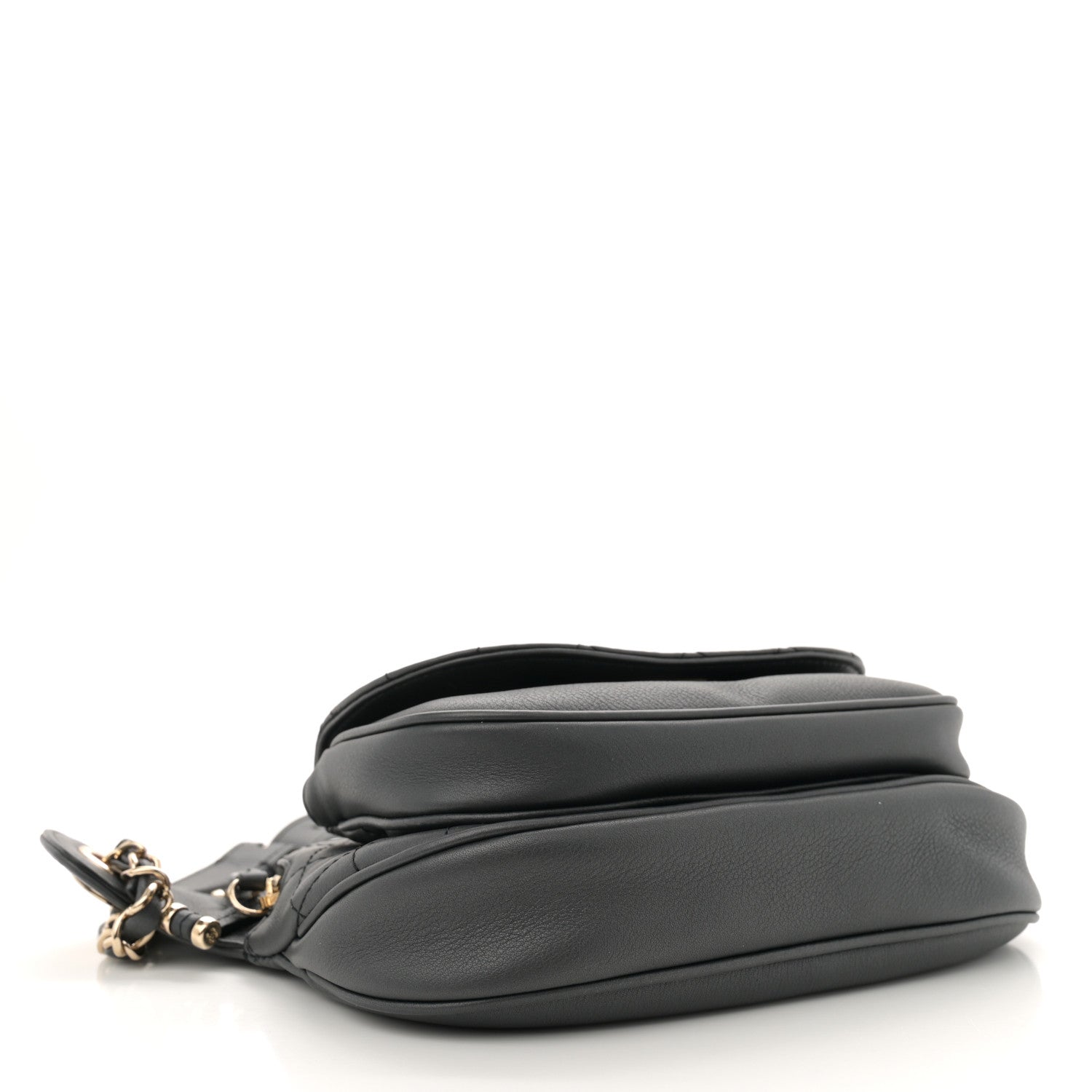 Metallic Calfskin Flap Chain Waist Bag Ruthenium