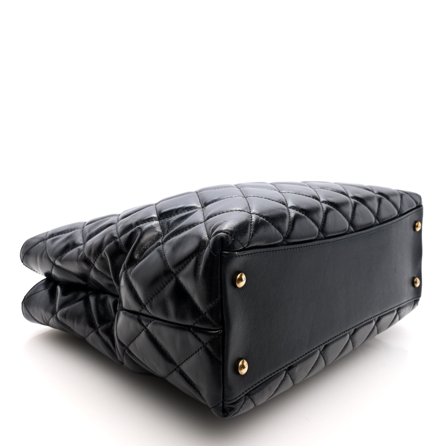 Glazed Calfskin Quilted Gold Bar Tote Black