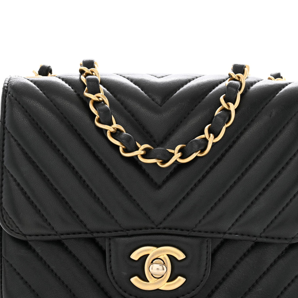 Lambskin Chevron Quilted Mini Square Flap Black