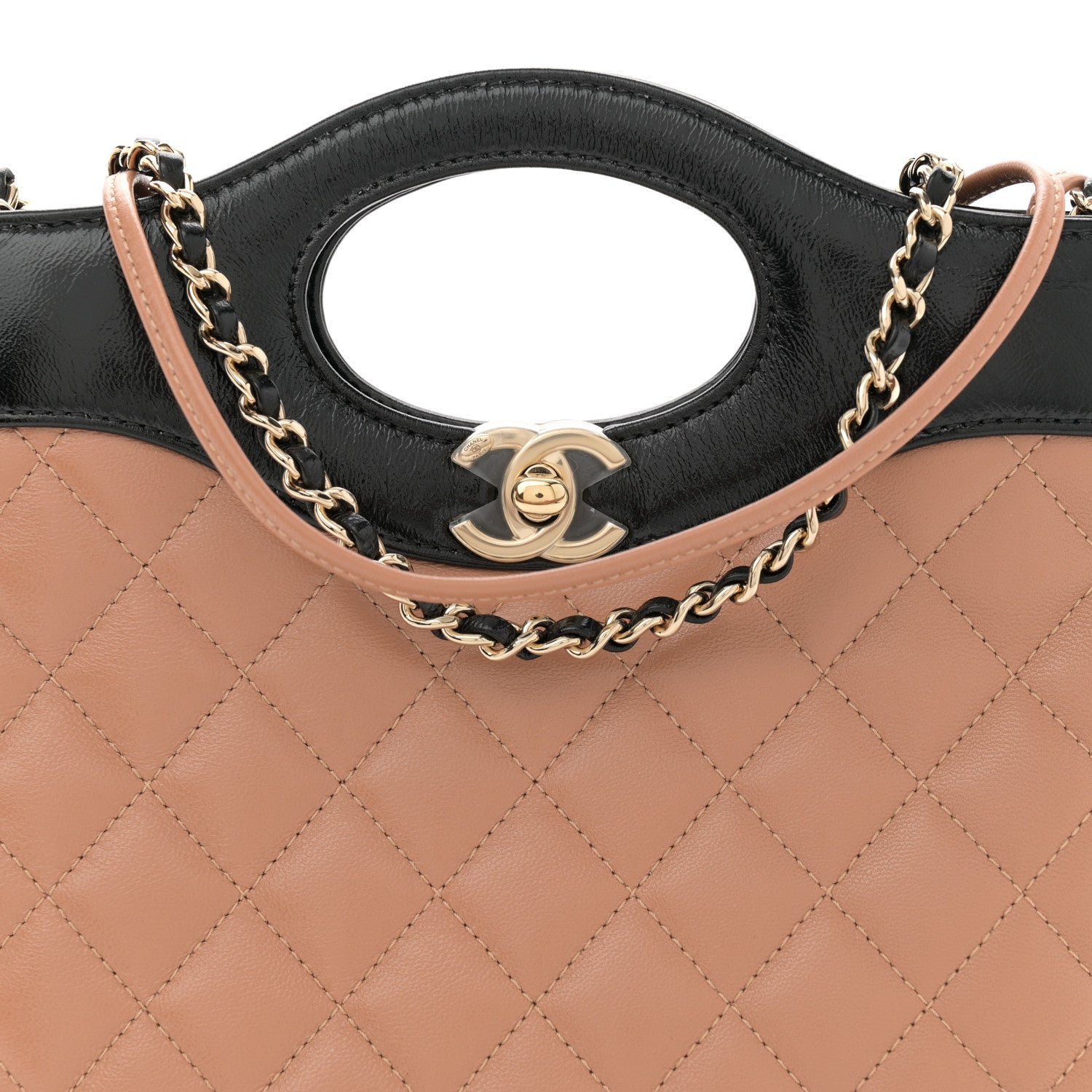 Shiny Crumpled Calfskin Quilted Mini 31 Shopping Bag Dark Beige Black
