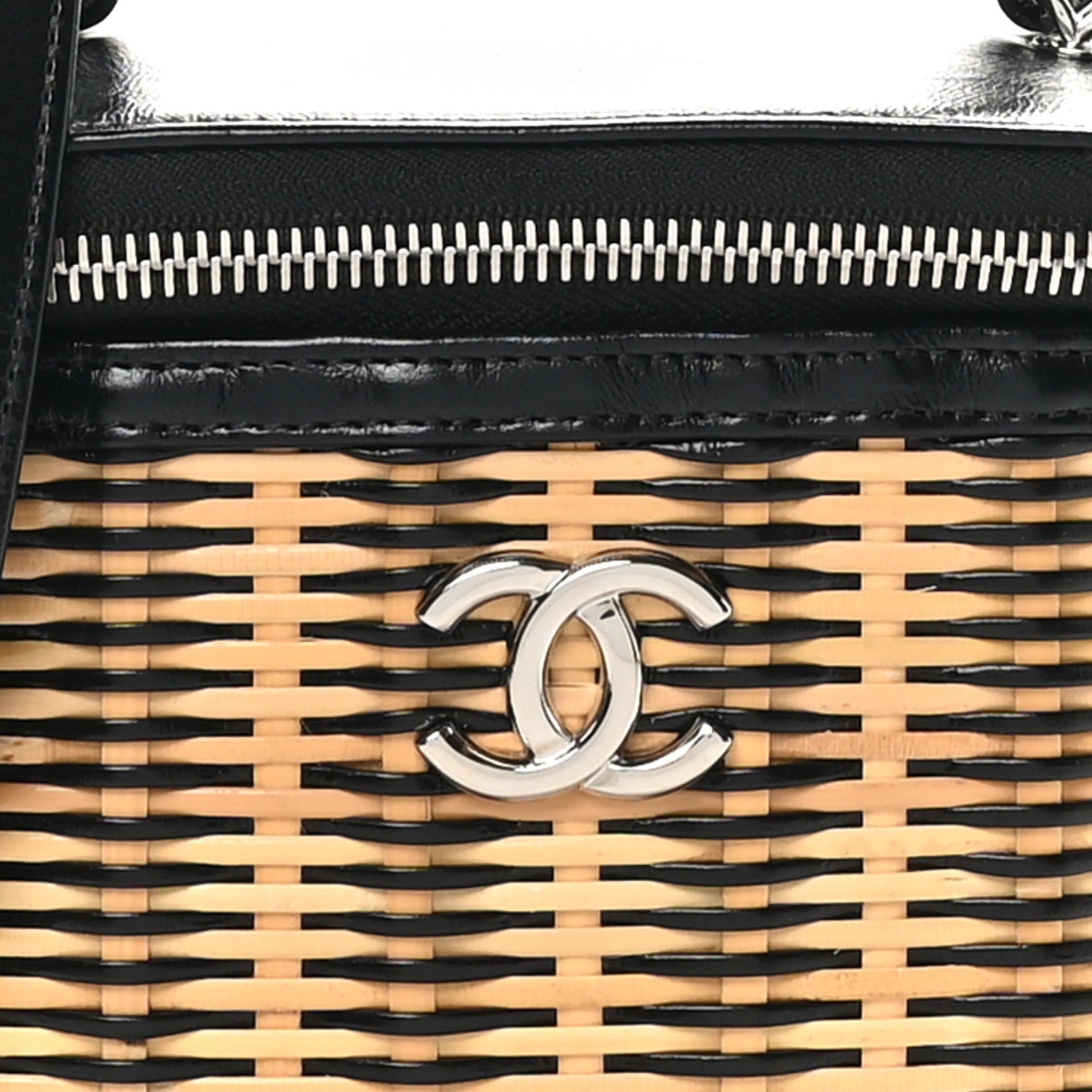 Calfskin Raffia Small Vanity Case Bag Black Beige