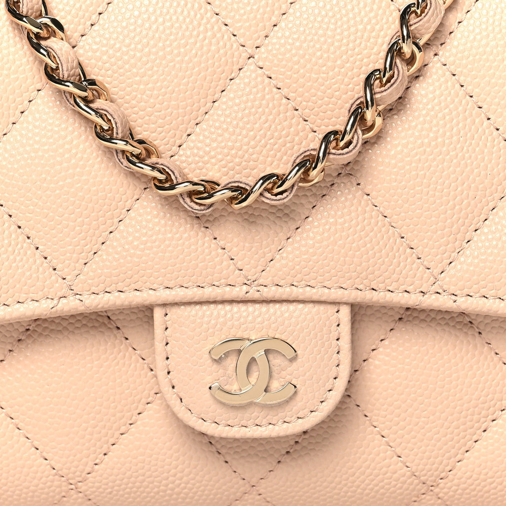 Caviar Quilted Phone Holder Wallet on Removable Chain Light Beige