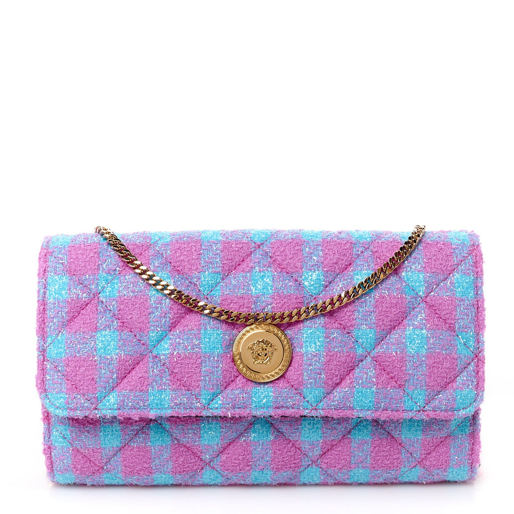 Tweed Quilted Medusa Wallet on Chain Crossbody Pink Blue