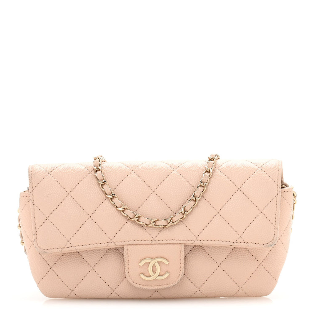 Caviar Quilted Glasses Case With Chain Beige
