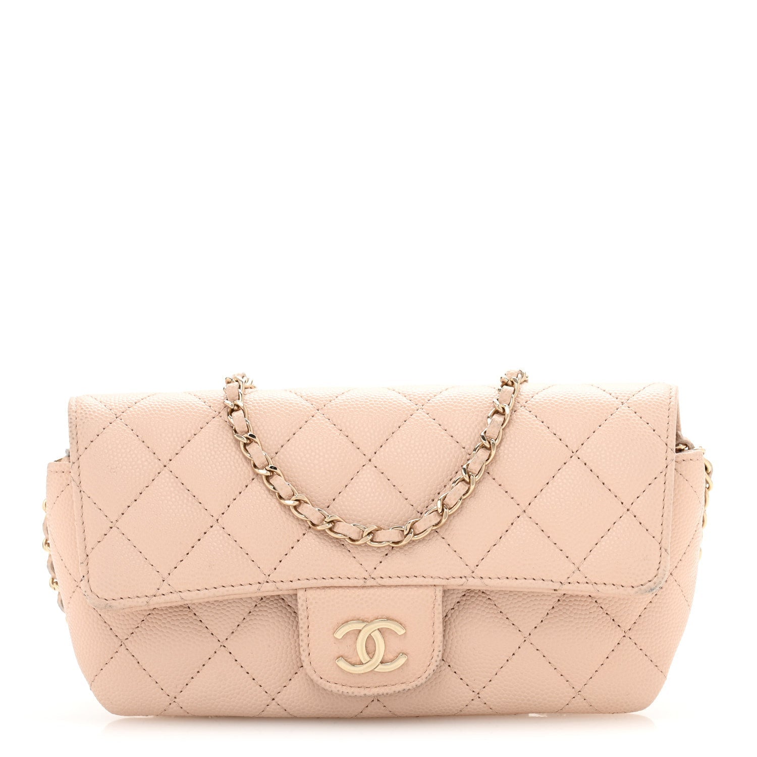 Caviar Quilted Glasses Case With Chain Beige