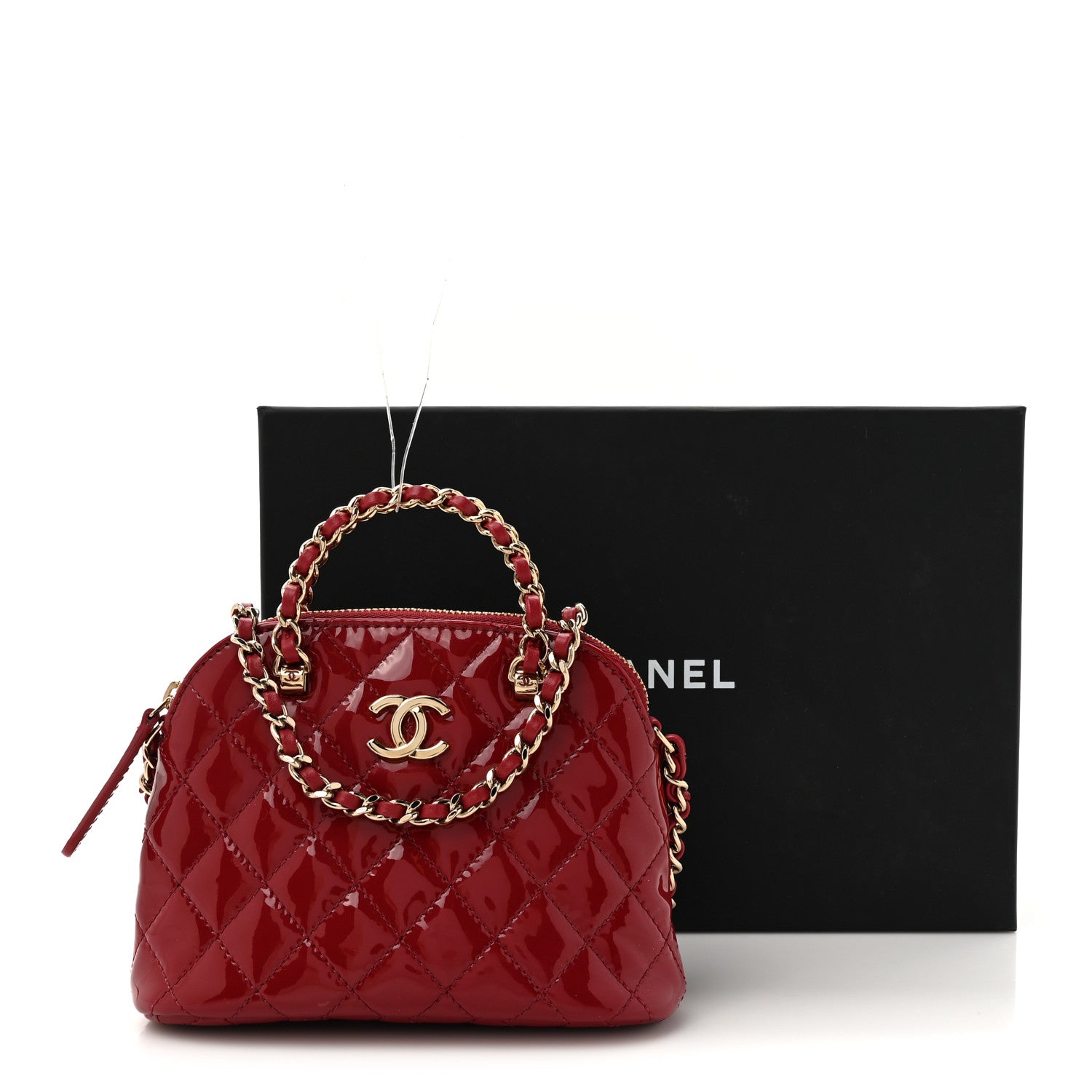 Patent Calfskin Quilted Shiny Coco Clutch With Chain Red