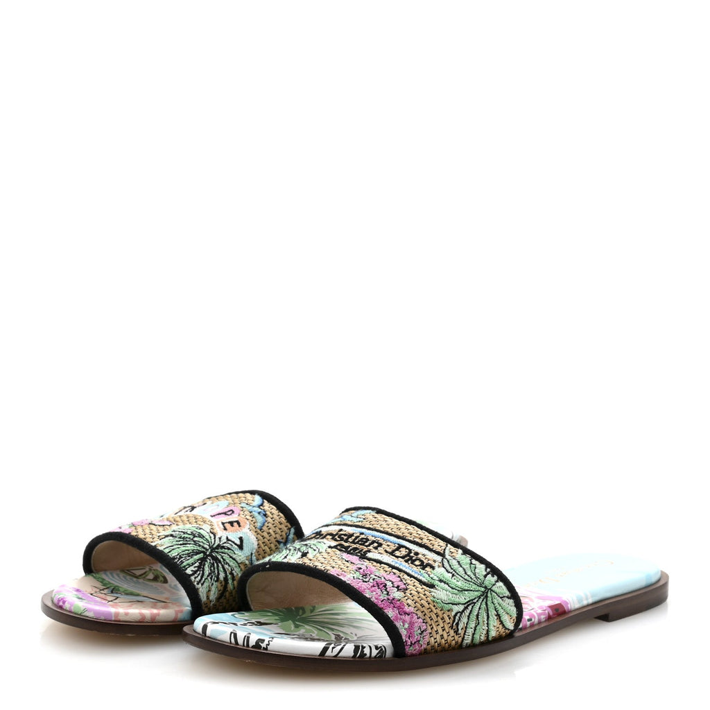 Raffia Embroidered Souvenir Saint Tropez Dway Mules Slide Sandals 38 Natural Multicolor