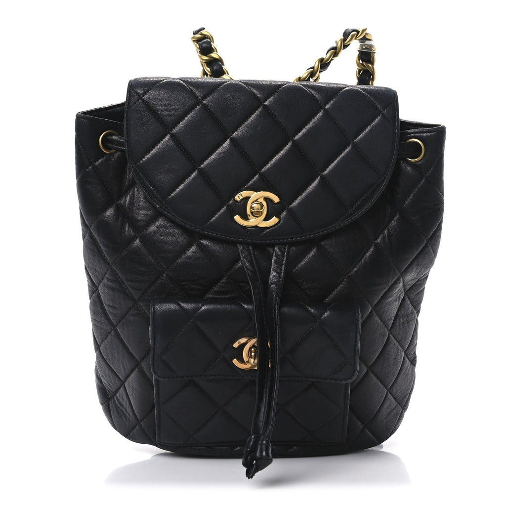 Lambskin Quilted Drawstring Backpack Black