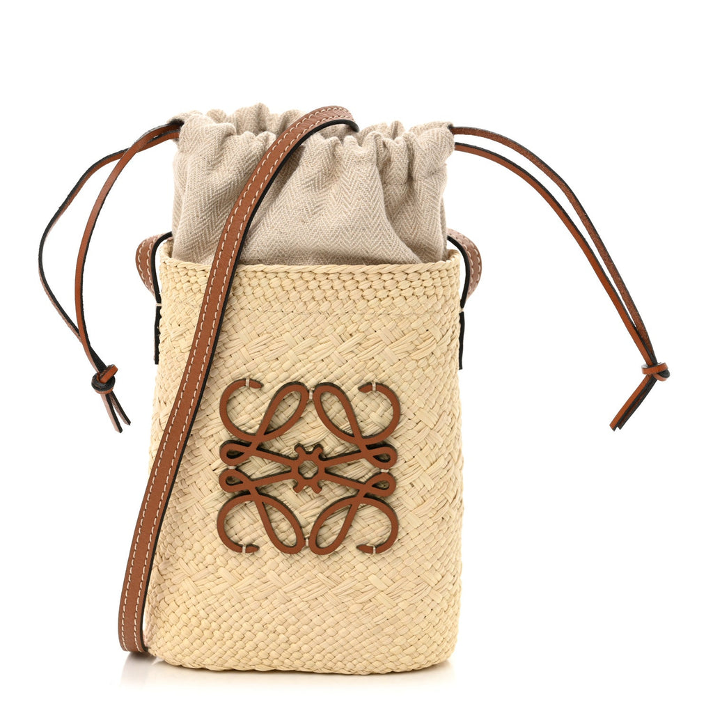 Calfskin Raffia Paulas Ibiza Square Bucket Bag Natural Tan