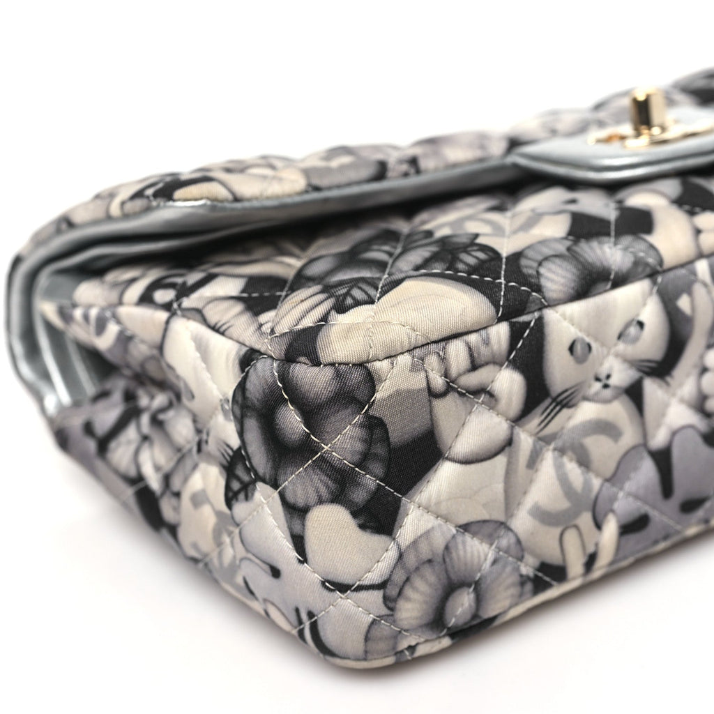 Nylon Quilted Medium Cat Emoticon Double Flap Navy Grey Ecru