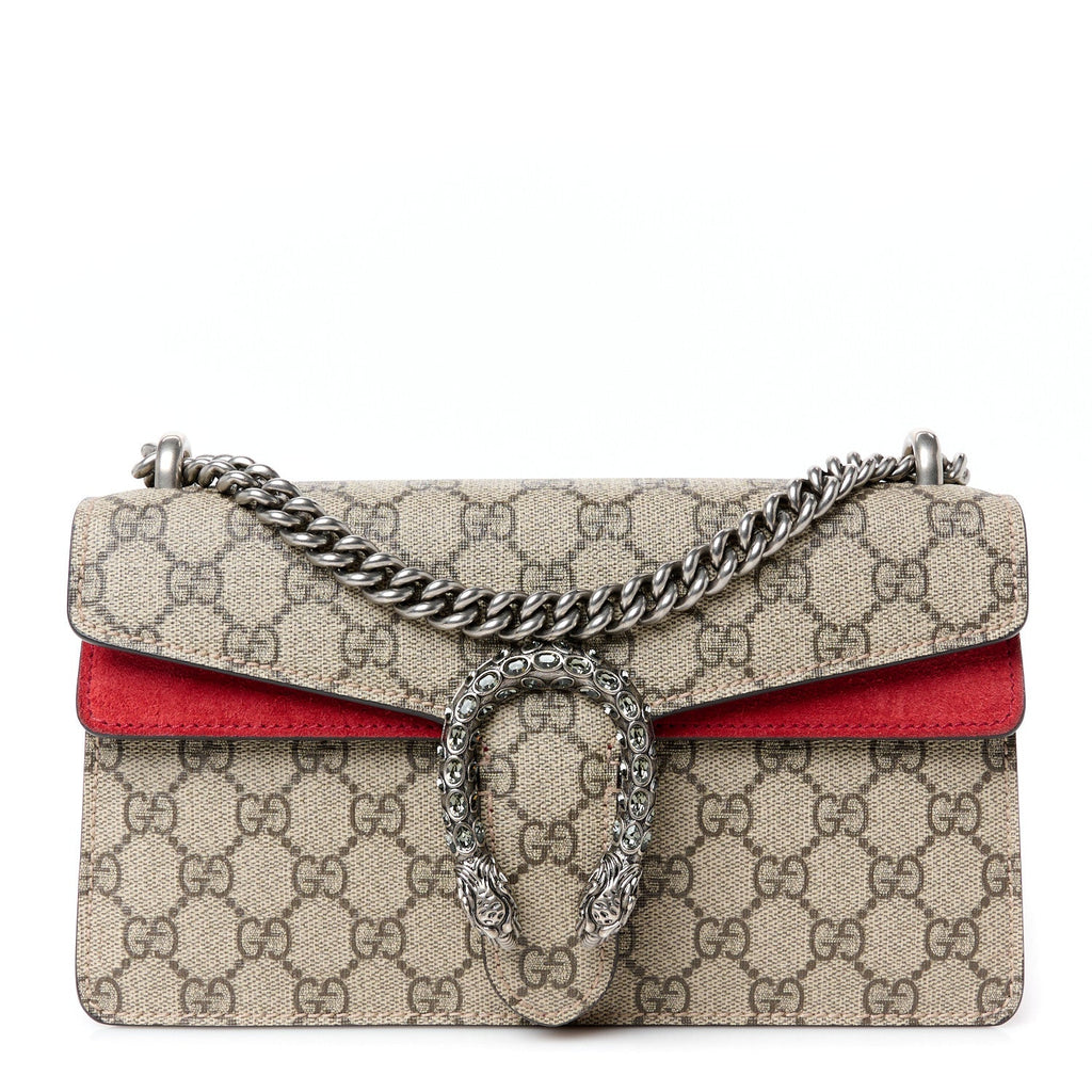 GG Supreme Monogram Suede Crystal Small Dionysus Shoulder Bag Beige Ebony Vulcanic Red