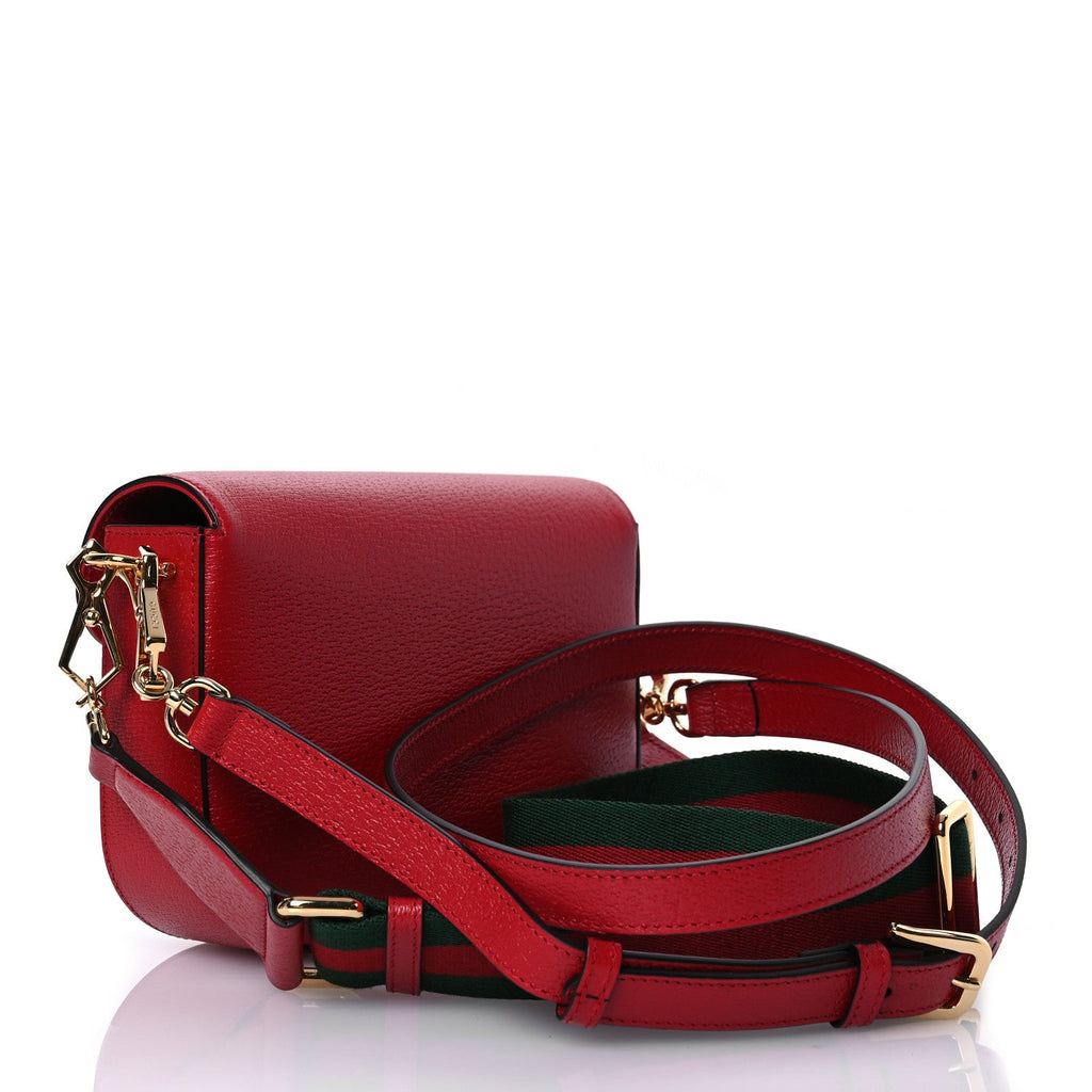 X ADIDAS Textured Dollar Calfskin Web Trefoil Mini Horsebit 1955 Shoulder Bag Hibiscus Red Off White