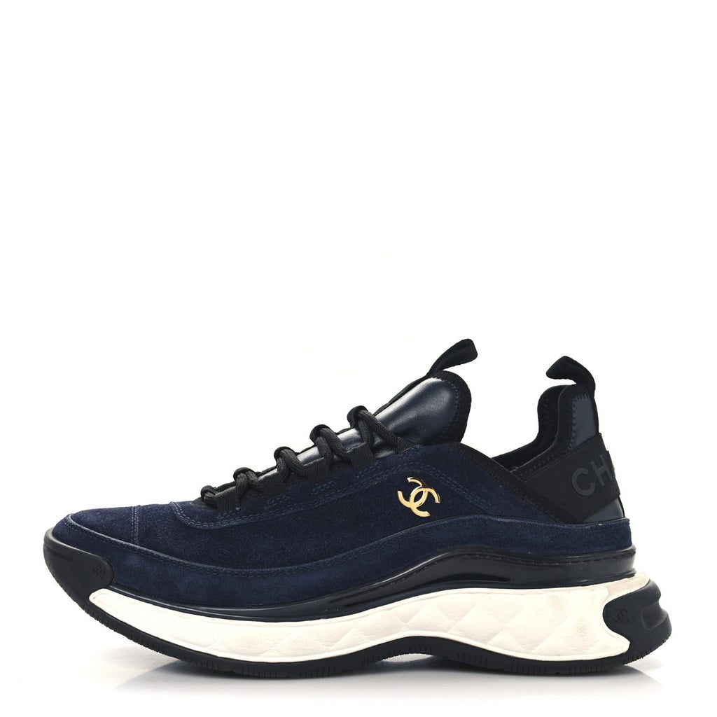 Suede Calfskin Nylon Grosgrain CC Sneakers 39 Navy Blue