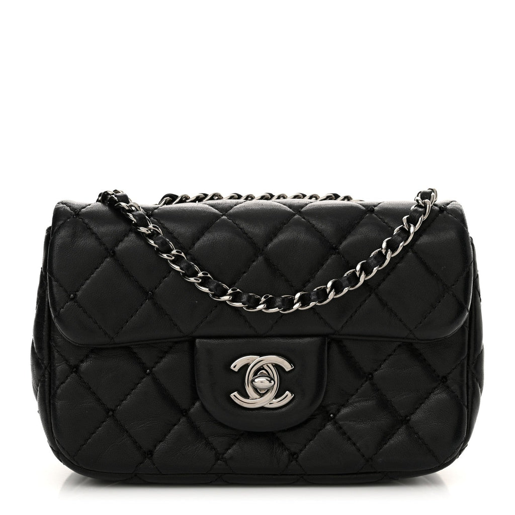 Lambskin Quilted Beaded Extra Mini Rectangular Flap Black
