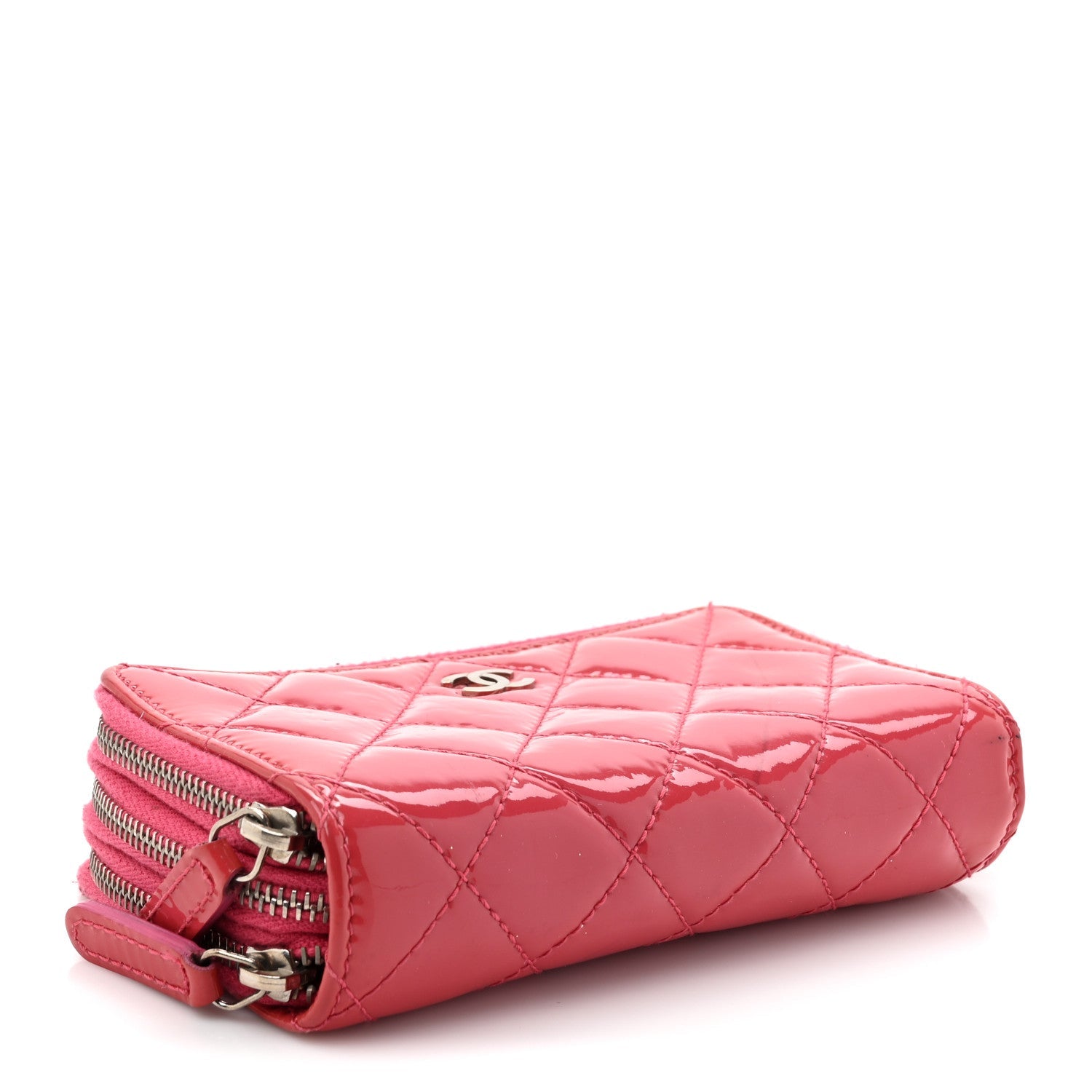 Patent Calfskin Quilted Zip Around Phone Holder Fuchsia