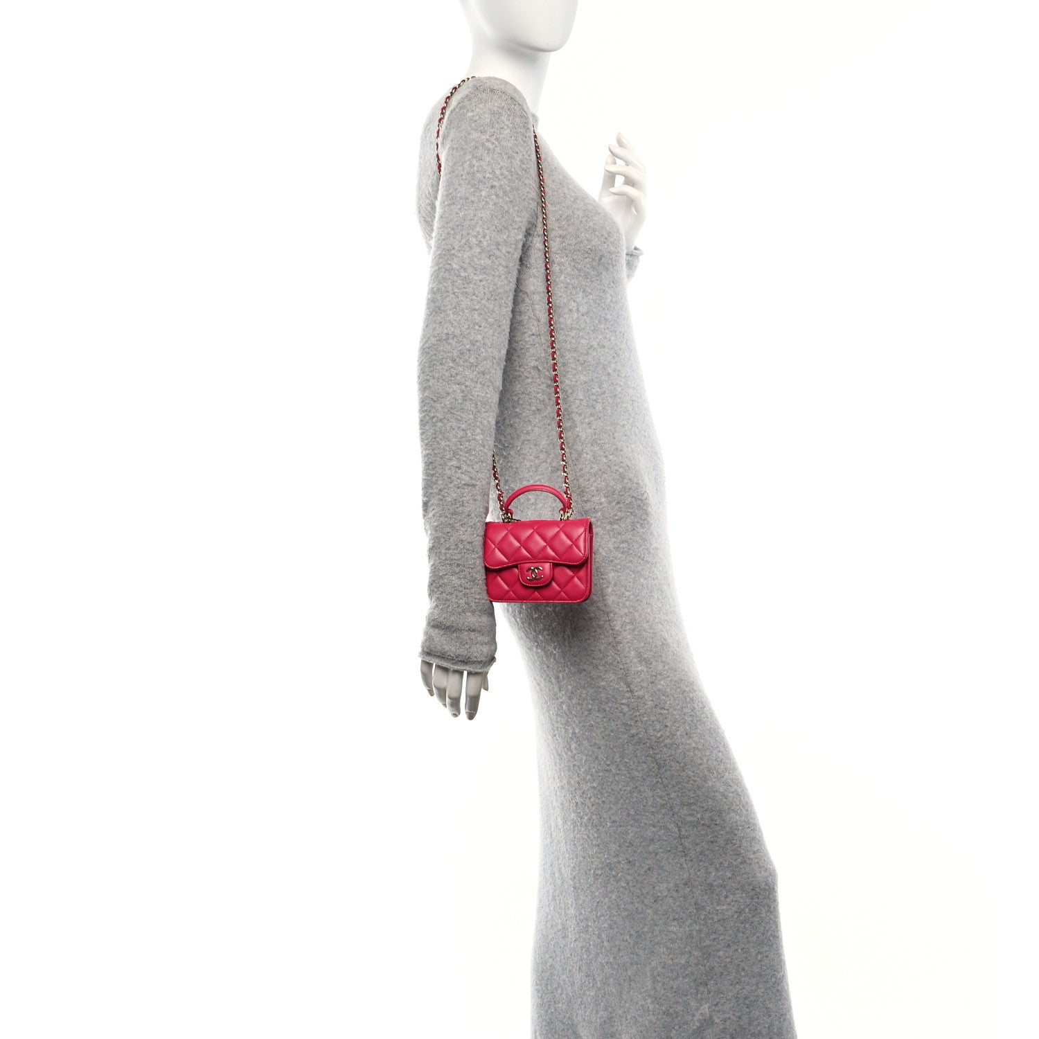 Lambskin Quilted Top Handle Flap Coin Purse With Chain Dark Pink