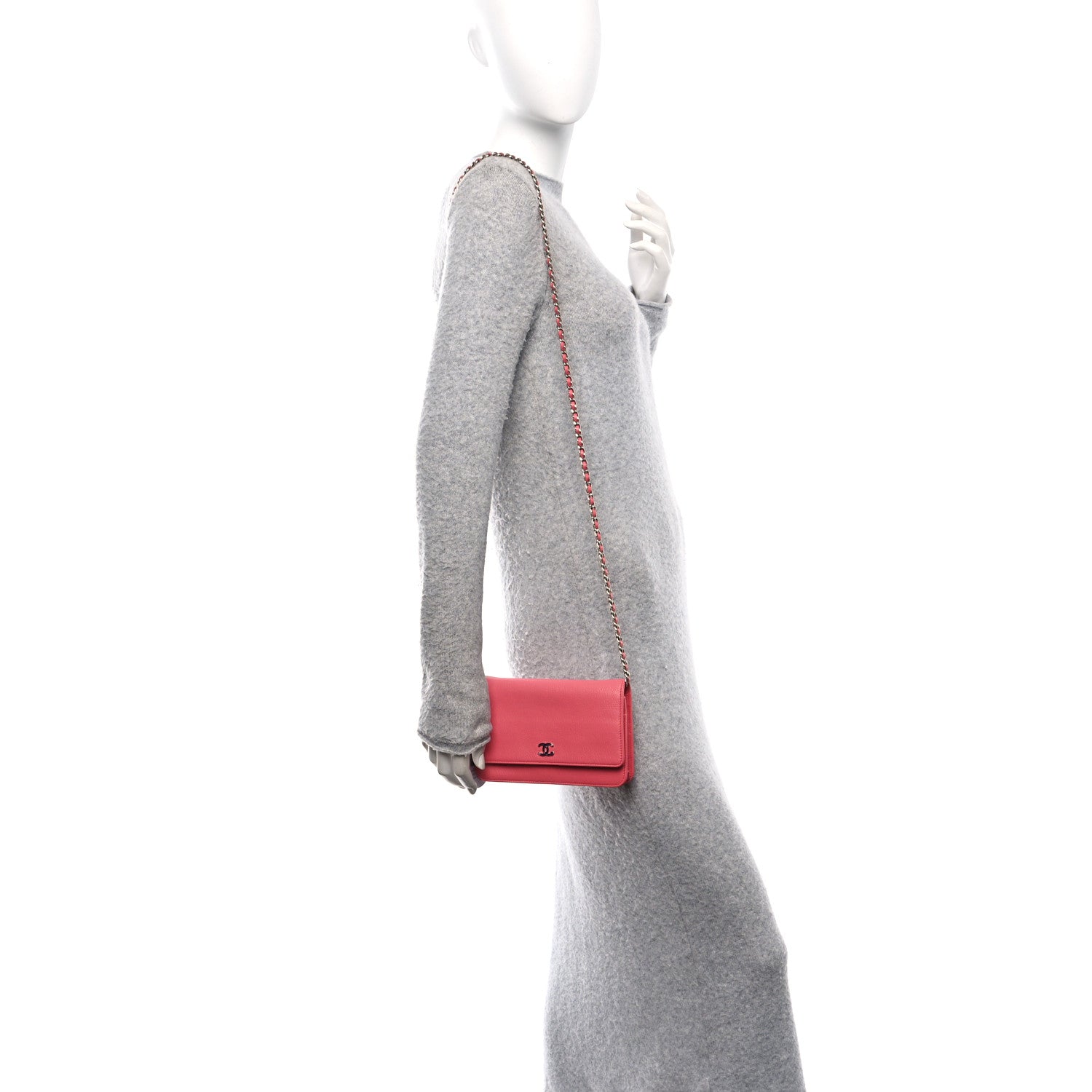 Grained Calfskin Clover CC Wallet On Chain WOC Pink