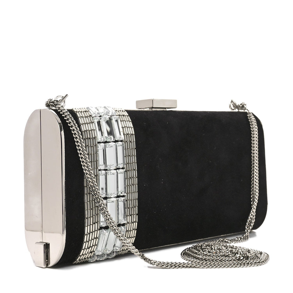 Suede Crystal Beaded Arrow Met Gala Clutch Black