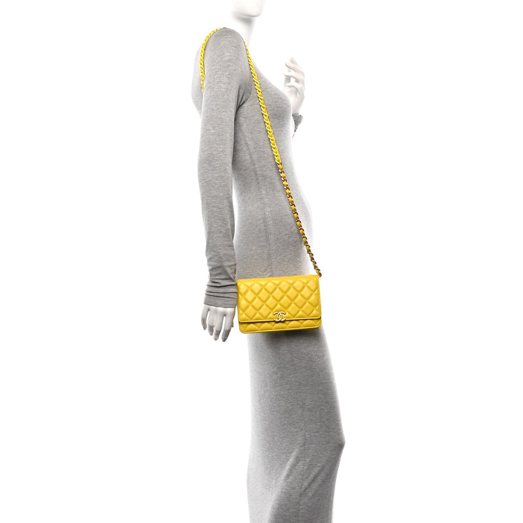 Lambskin Resin Quilted Wallet On Chain WOC Yellow