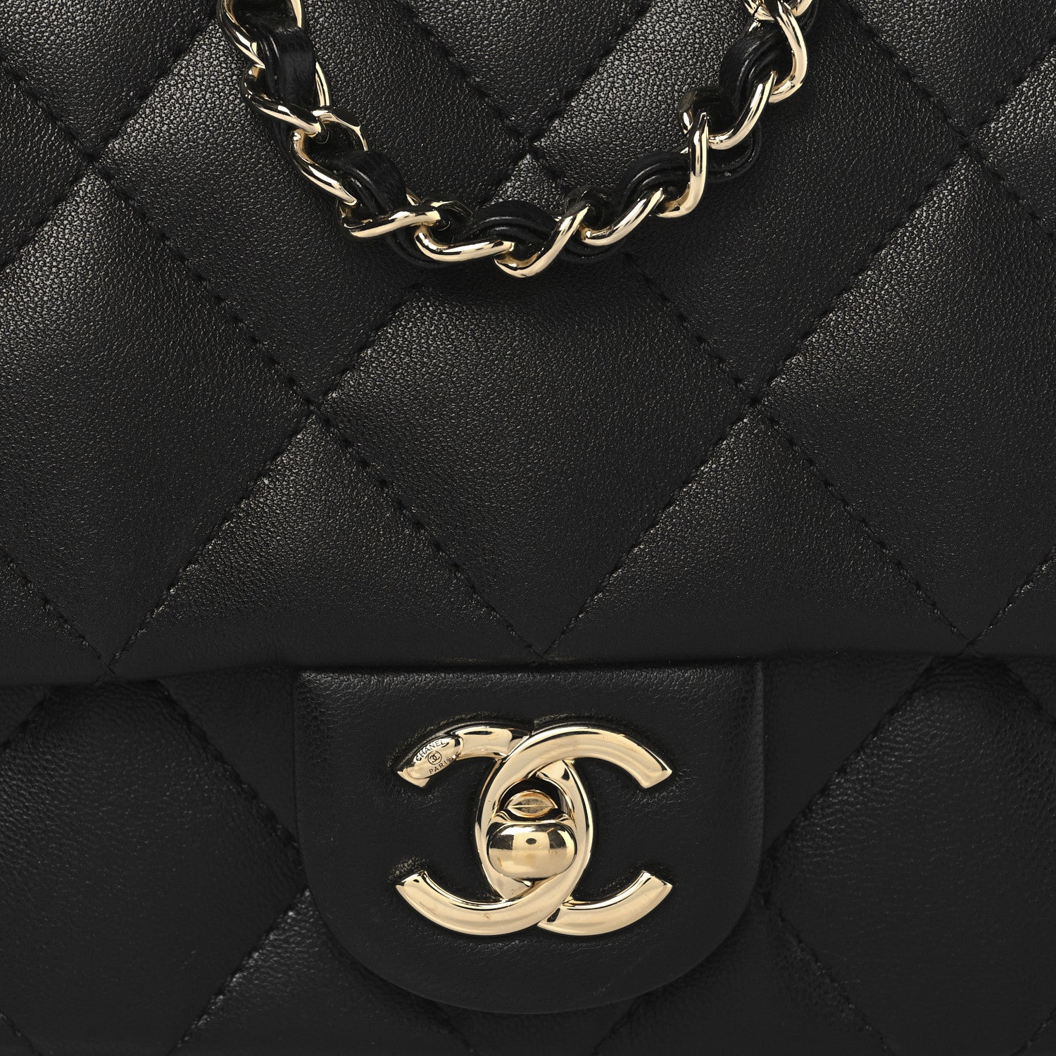 Lambskin Quilted Resin Pearl Chain Top Handle Flap Black