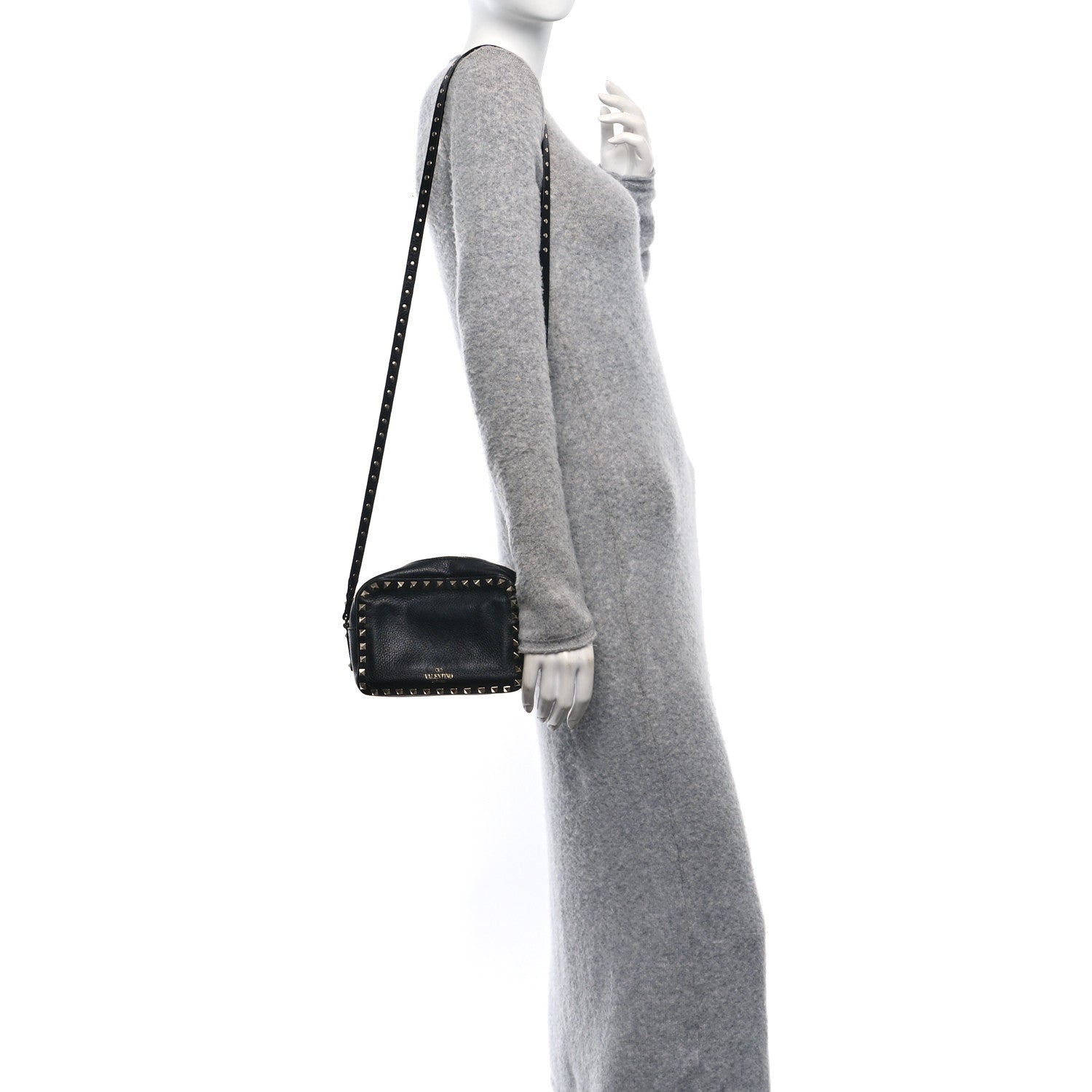 Pebbled Calfskin Rockstud Camera Crossbody Bag Black
