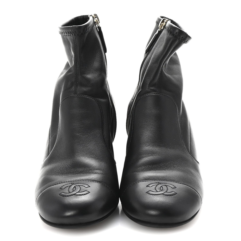 Stretch Lambskin Cap Toe CC Short Boots 38.5 Black