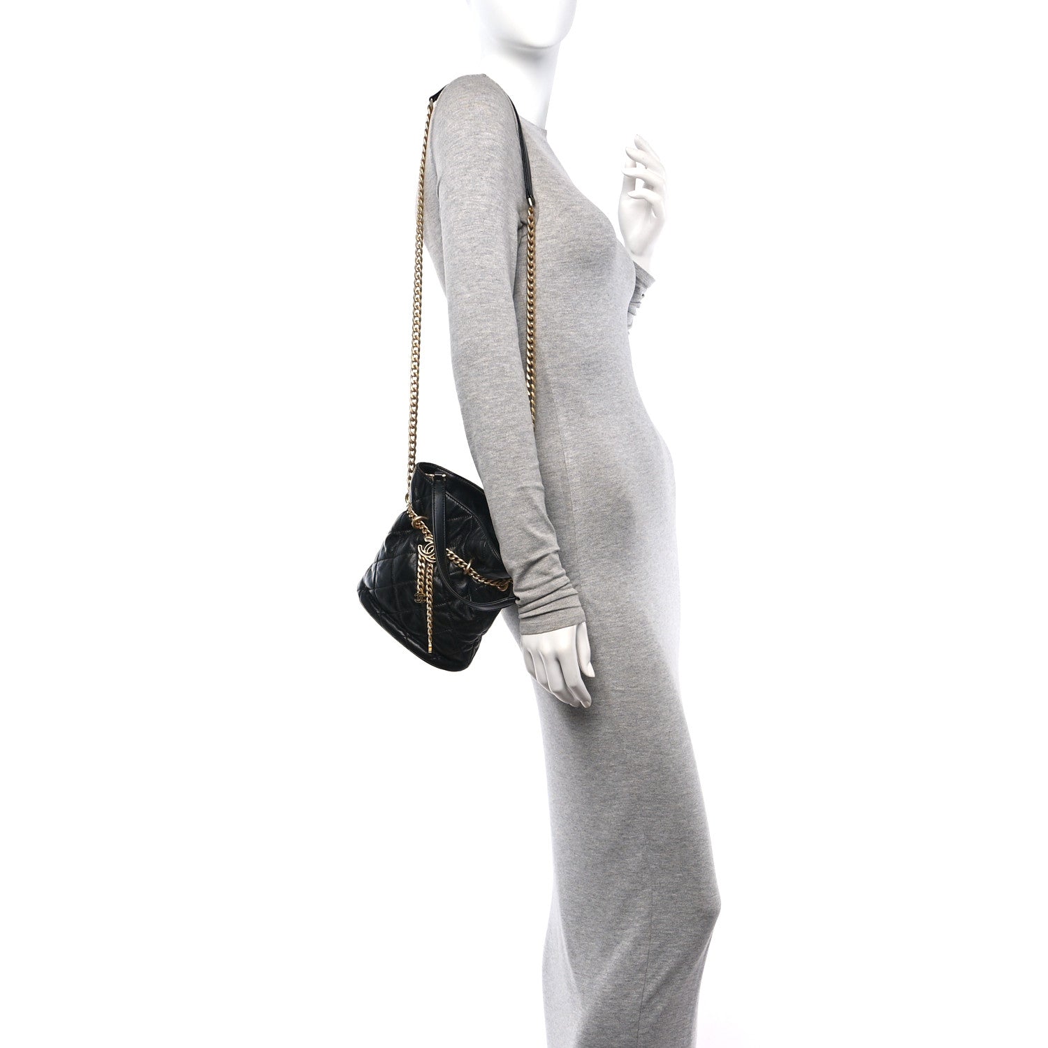 Lambskin Enamel Quilted Pending CC Bucket Drawstring Bag Black