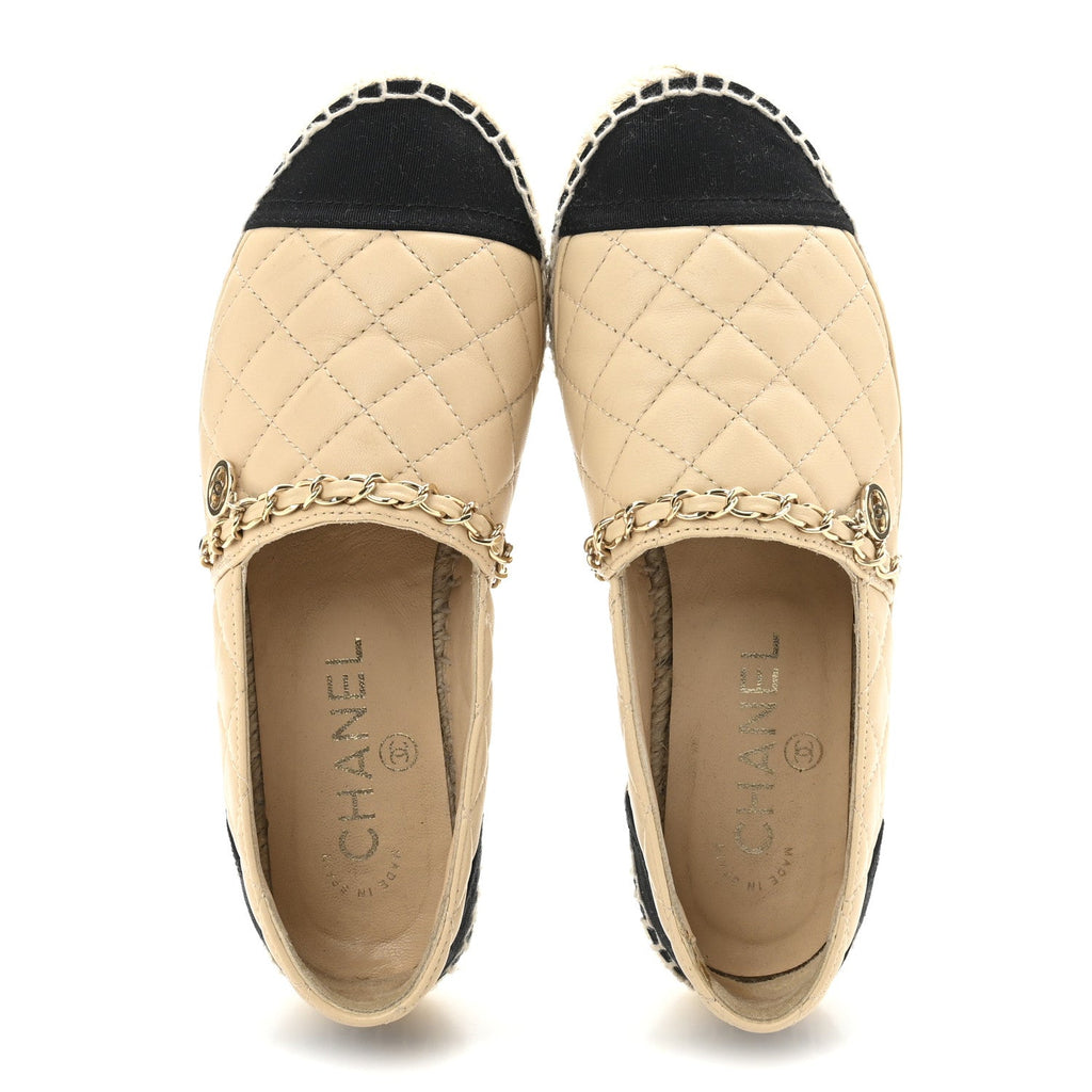 Lambskin Grosgrain Quilted CC Chain Espadrilles 35 Beige Black