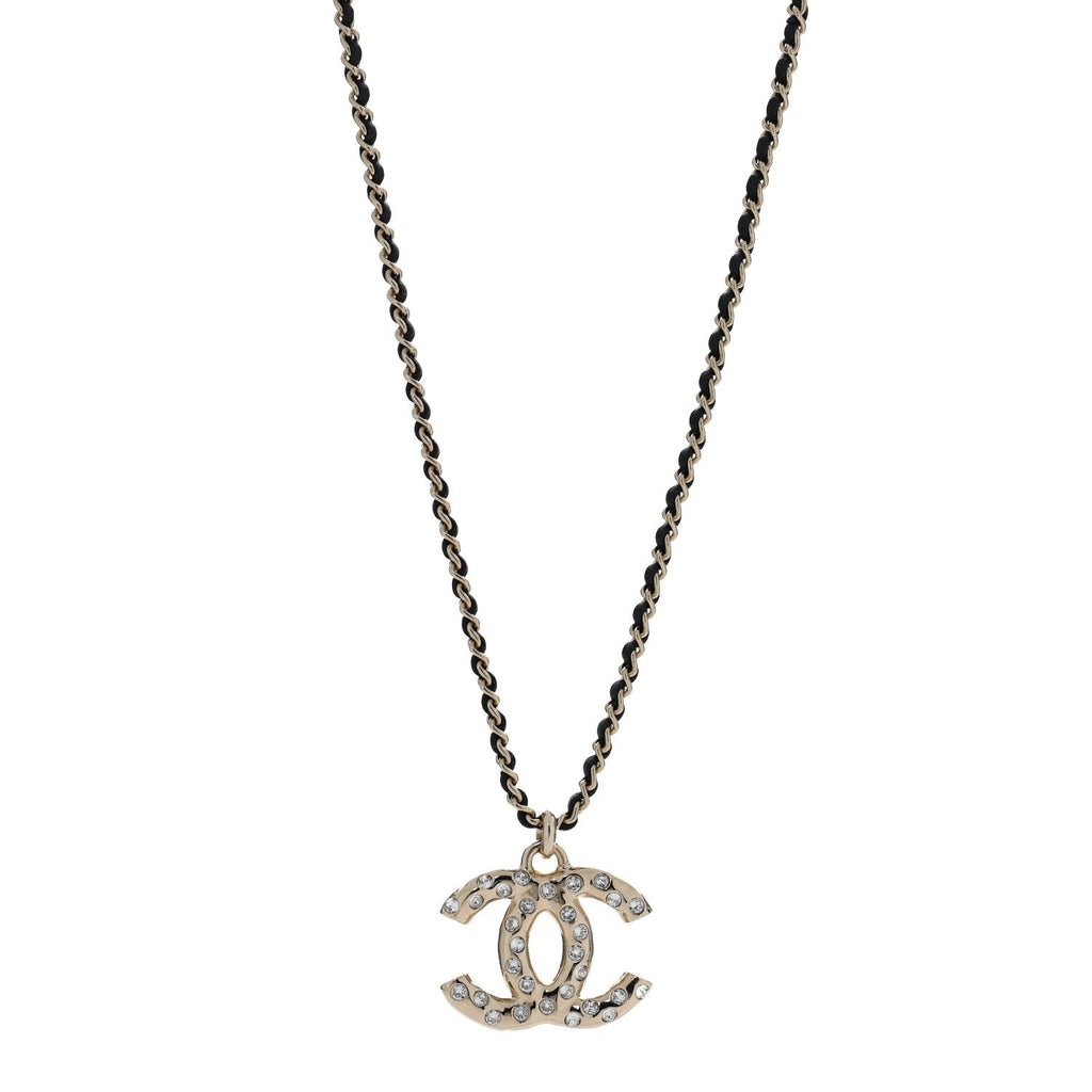 Lambskin Crystal CC Chain Pendant Necklace Black Gold