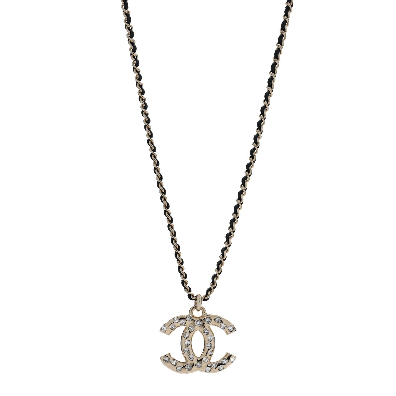 Lambskin Crystal CC Chain Pendant Necklace Black Gold