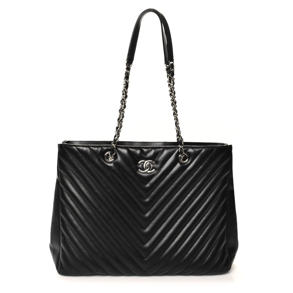 Caviar Chevron Quilted Large Shopping Tote Black