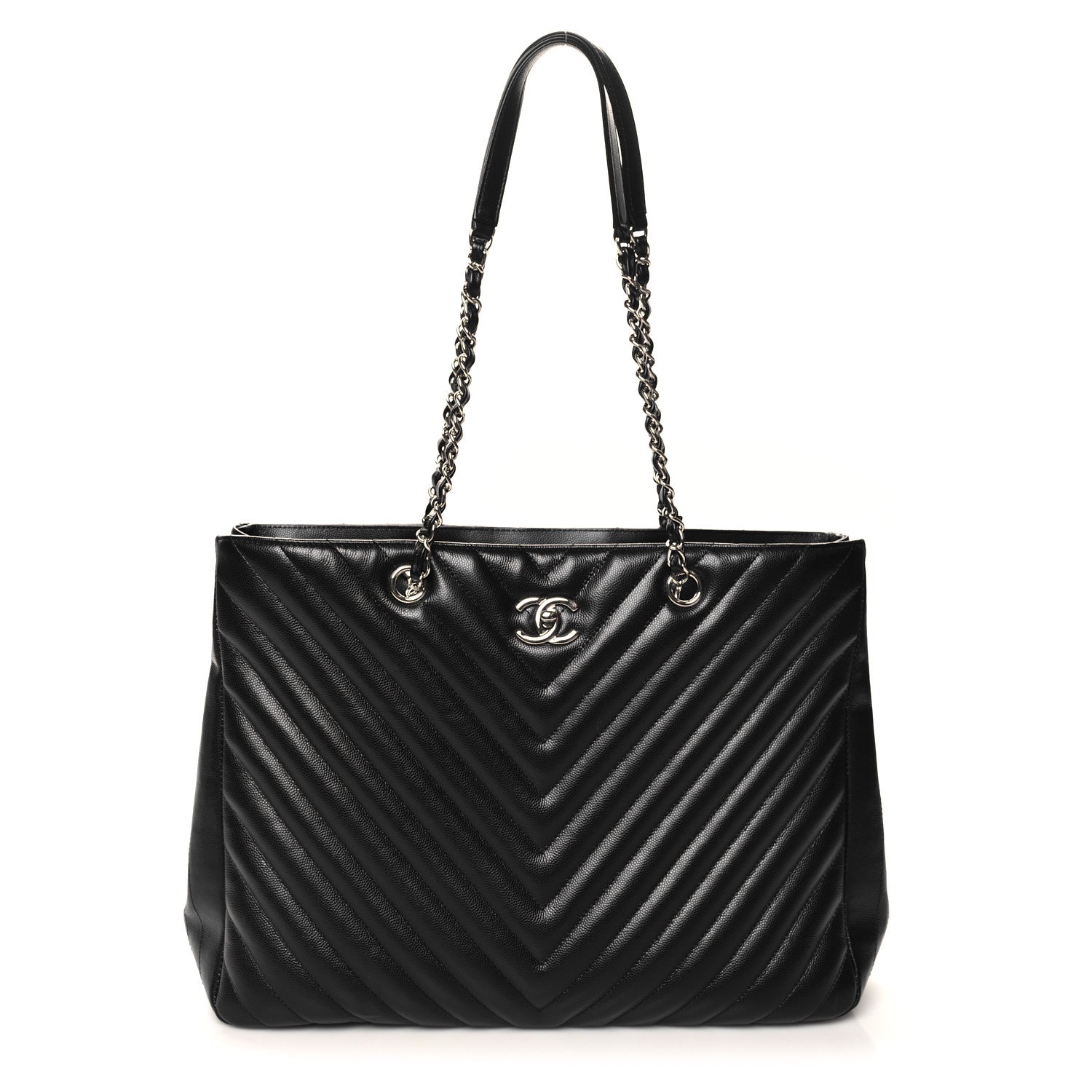 Caviar Chevron Quilted Large Shopping Tote Black
