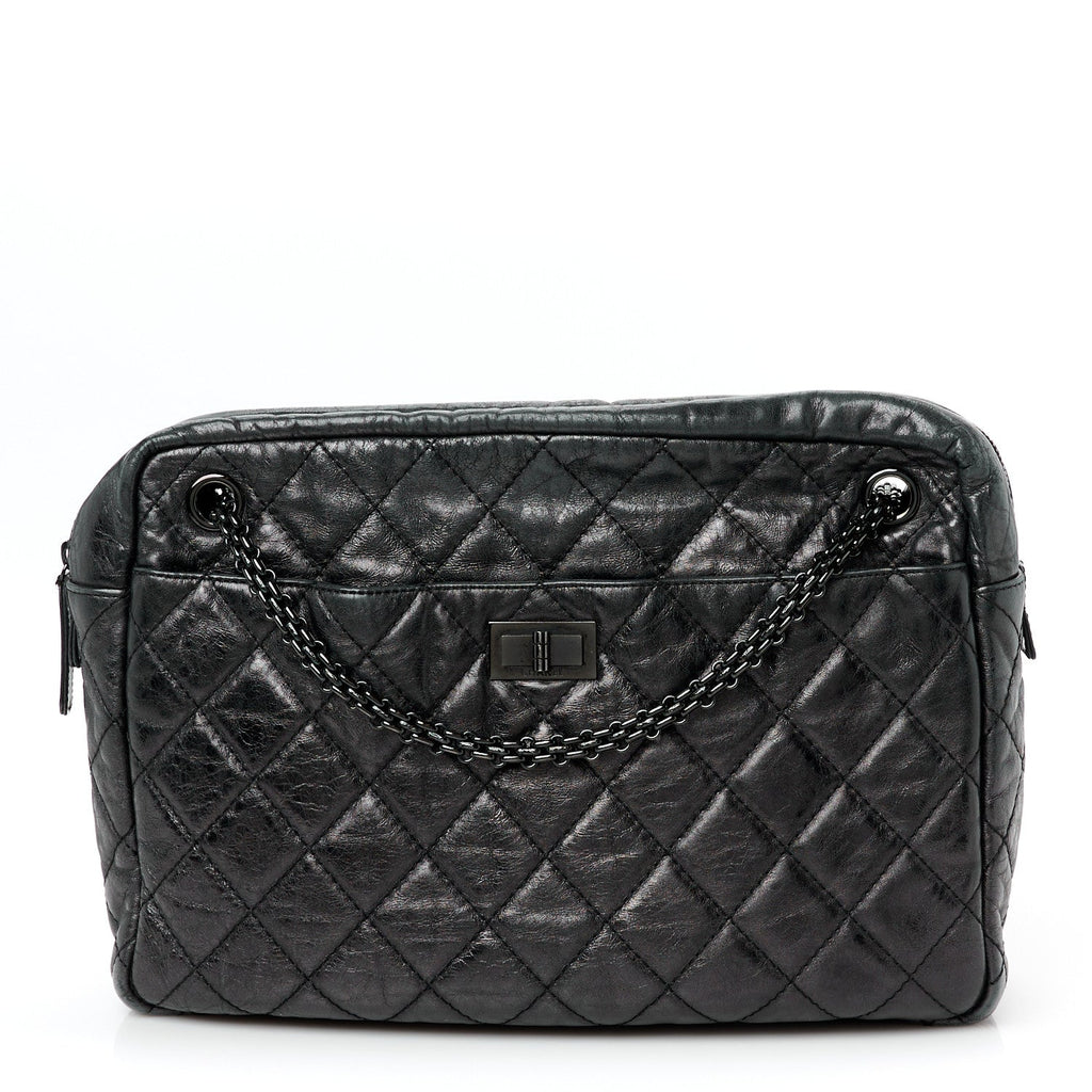 Metallic Aged Calfskin Quilted Large Reissue Camera Case Black