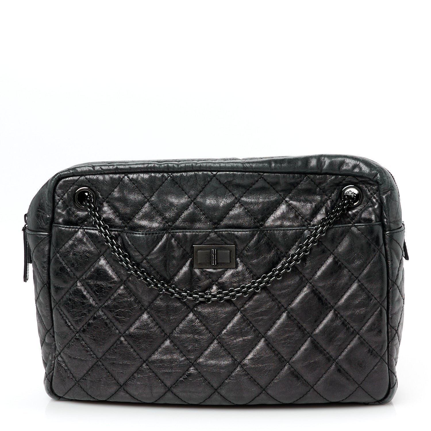 Metallic Aged Calfskin Quilted Large Reissue Camera Case Black
