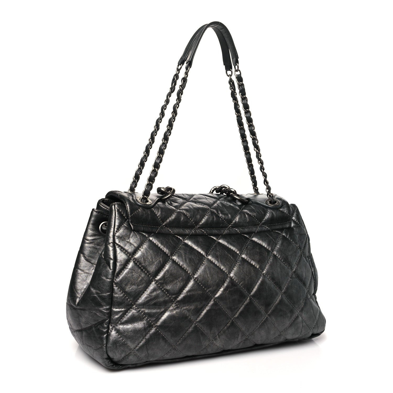 Metallic Aged Calfskin Quilted Large Pondichery Flap Dark Grey