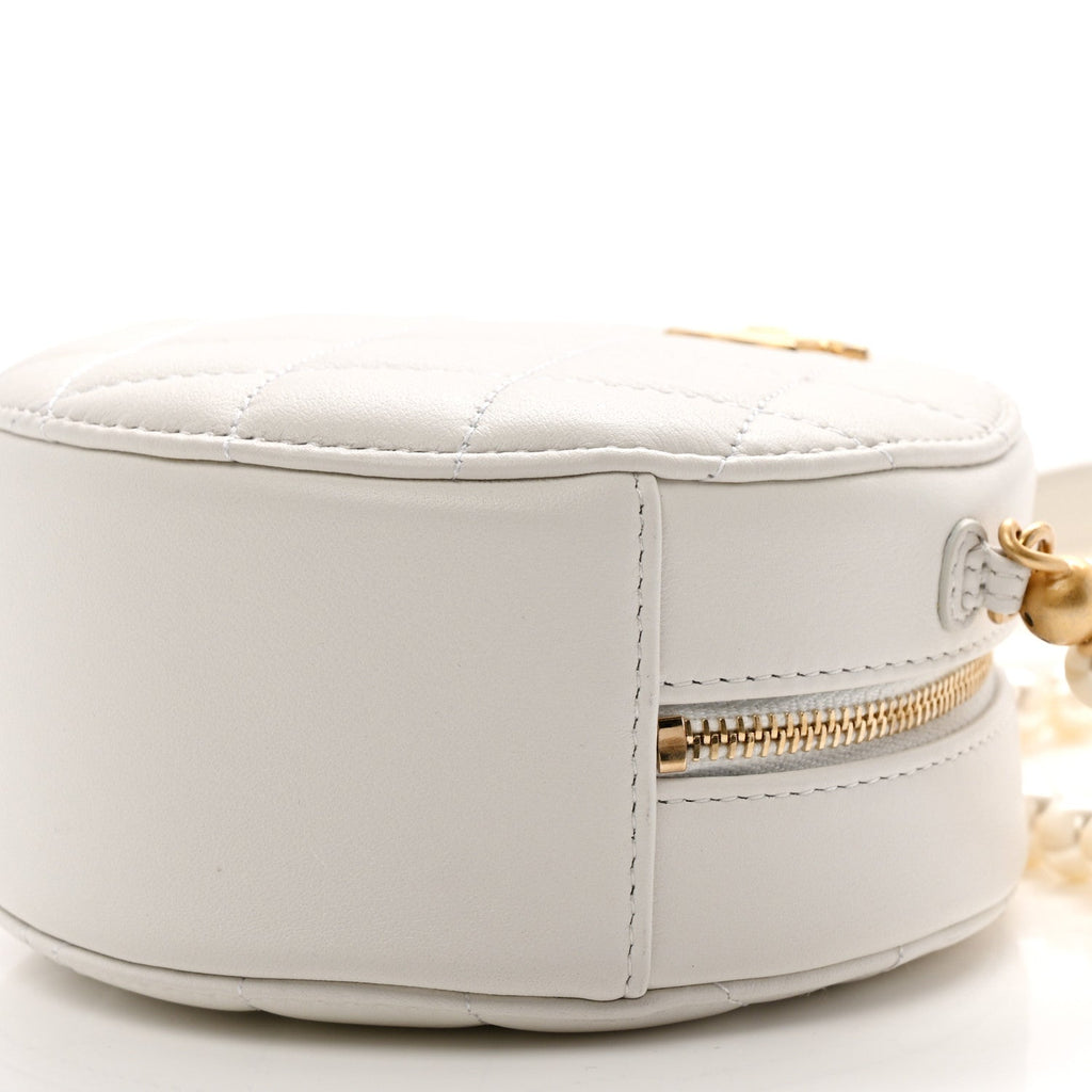 Calfskin Quilted Pearl Round Clutch With Chain White